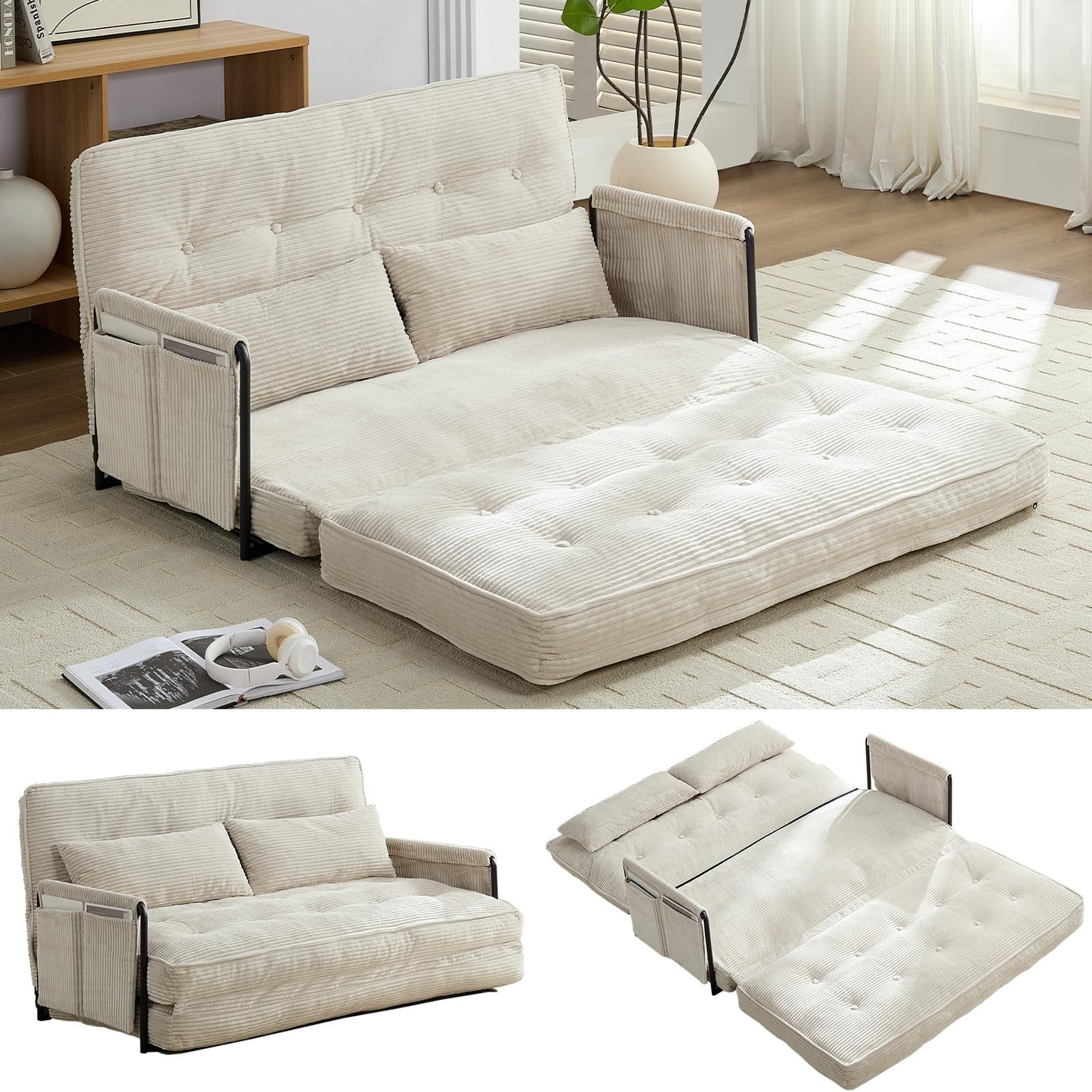 PUREMIND Adjustable Floor Sofa Couch with 2 Pillows, Convertible Pull Out Sofa Bed with Adjustable Backrest, Multi-Functional Lazy Armchair Sleeper Bed, Foldable Single Chairs for Living Room