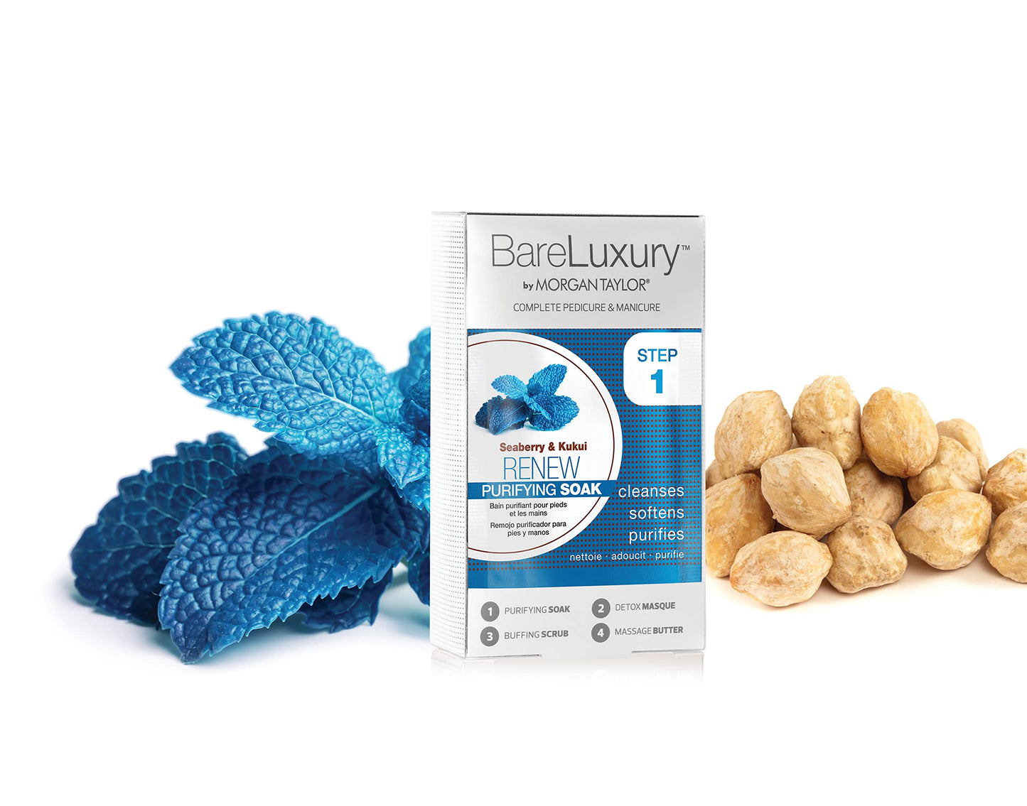 Morgan Taylor BareLuxury 4-Step Complete Pedicure & Manicure Packs (Renew Seaberry & Kukui) - Complete Nail Care Kit with Soak, Masque, Scrub & Massage Butter, Professional Spa-Quality Treatments.