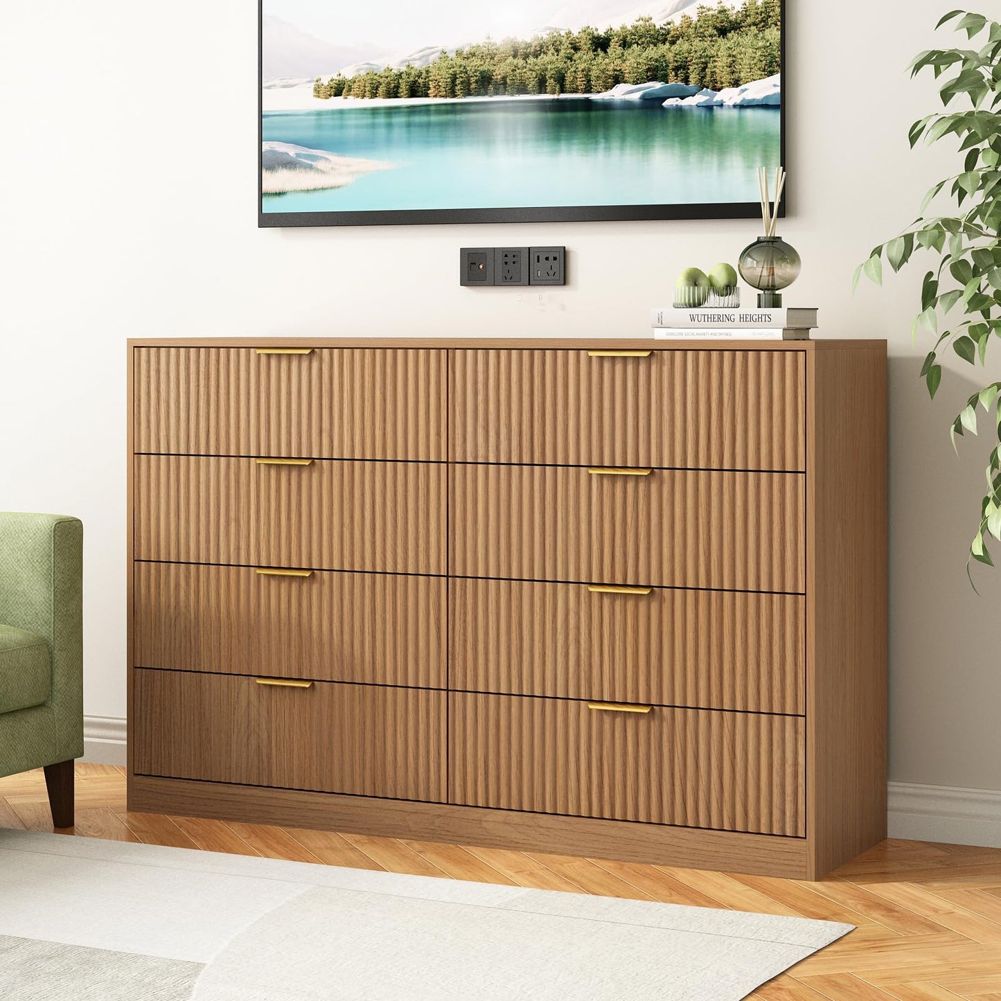 Sscaktu 8 Drawer Dresser for Bedroom, Modern Fluted Double Dresser, 55" Wide Chest of Dressers, Mid Century Wooden Beside Table for Closet, Living Room and Entryway, Natural