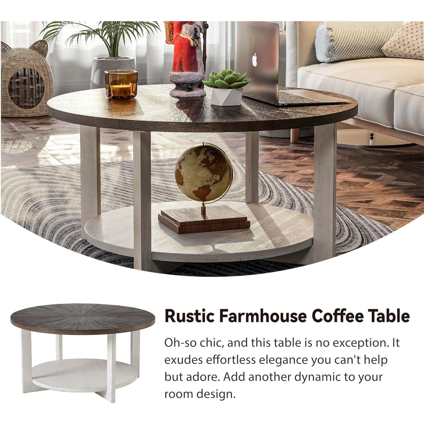 COZAYH Round Wood Coffee Tables with Storage, Rustic Farmhouse Coffee Table with Distressed Wood Top, Large Circle Table for Living Room, Brown, 32Dx32Wx19.5H in