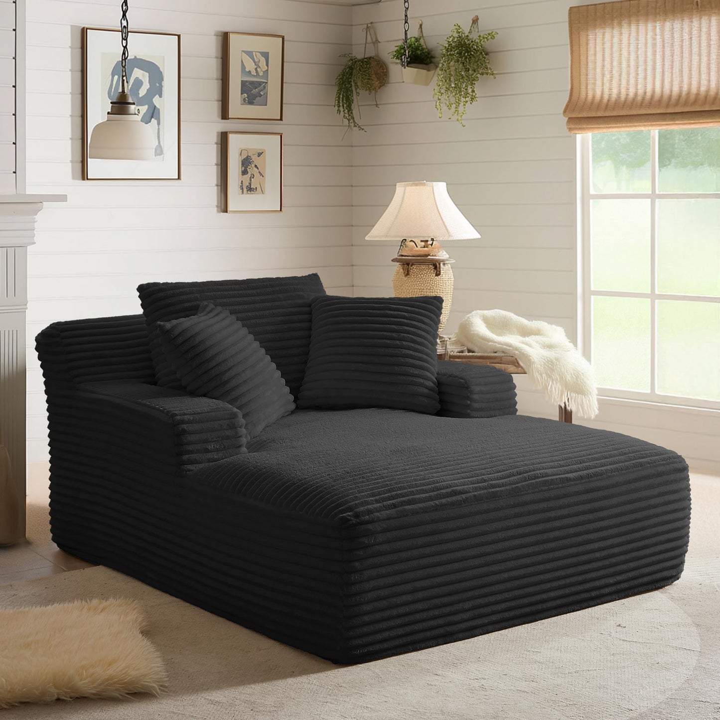 Chorlenimi Boneless Couch Sofa Chiar Chaise Lounge Chair Indoor Upholstered Corduroy Couch Cloud Sleeper Sofa Oversized Reading Chair for Living Room No Assembly Required (Black, 50" W x 67" D)