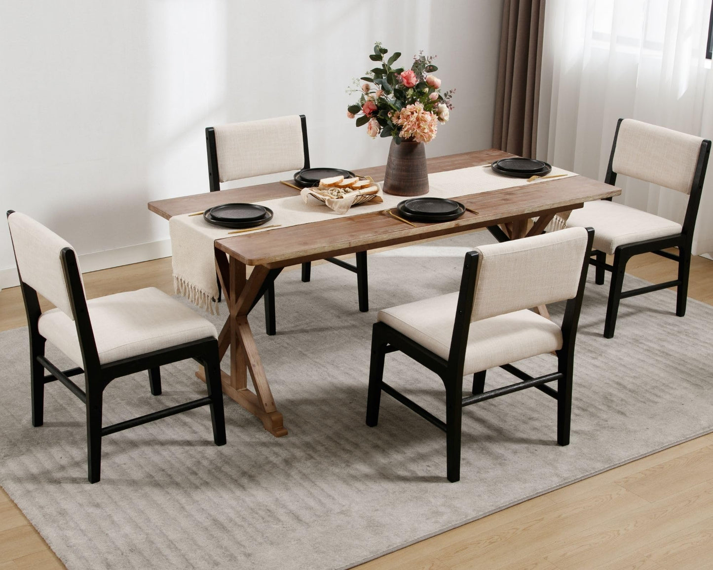 HNY Set of 4 Beige Linen Dining Chairs with Black Wood Frame, Modern Fabric Upholstered Kitchen Chair with Rectangular Back, Armless Wooden Kitchen & Dining Room Accent Side Chairs for Living Room
