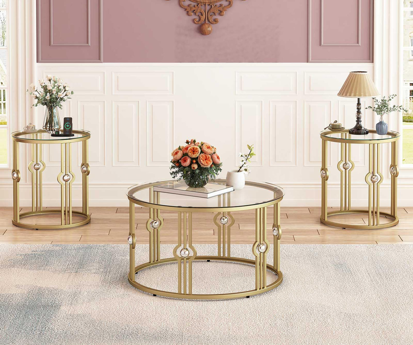 OIOG Glass Coffee Table for Living Room, Gold Coffee Table with Tempered Glass, Round Coffee Table for Office