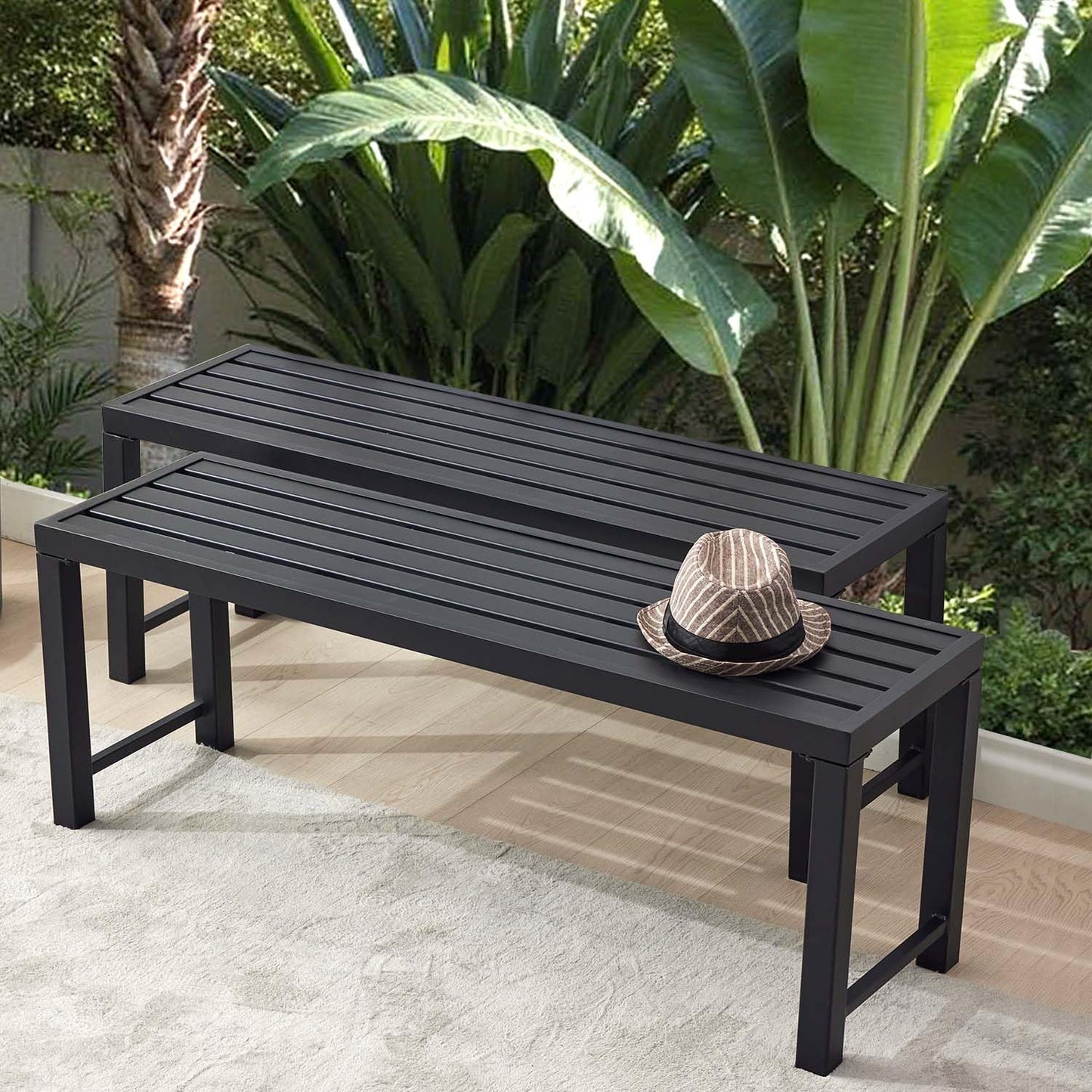 Stabrech Black Outdoor Backless Bench for Garden, Set of 2, Metal Outdoor Bench Weatherproof, Patio Benches for Outdoors, Benches Seat for Backyard, Porch