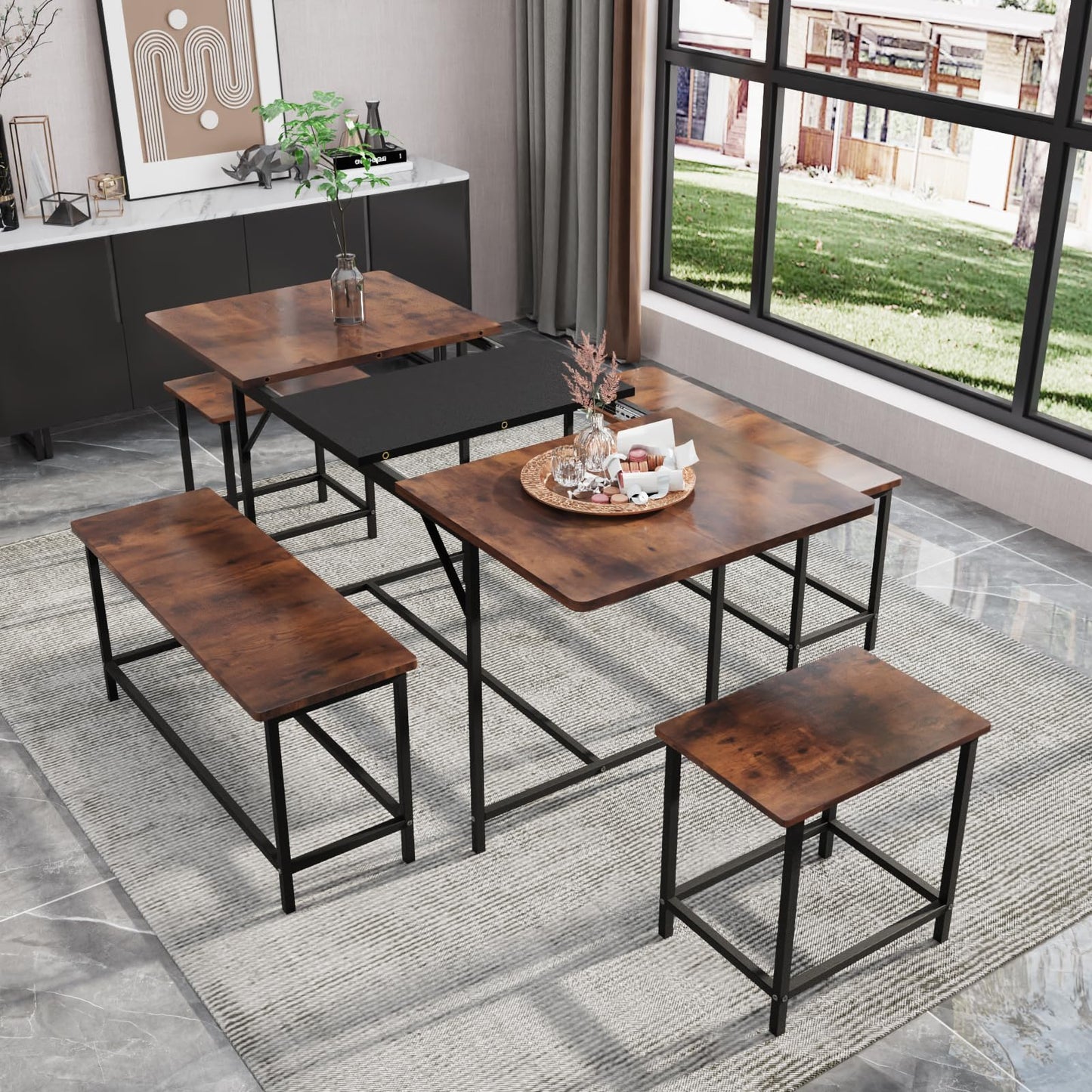 amzzar 5 Piece Dining Table Set for 4-6, 63" Extendable Dining Room Table with 2 Benches & 2 Stools, Farmhouse Kitchen Table and Chairs with Metal Frame & MDF Board,Space-Saving, Rustic Brown