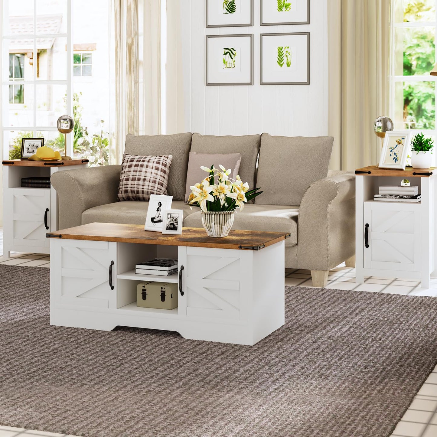 oneinmil End Table with Charging Station, Farmhouse Nightstand with Barn Door, Sofa Side Table with Storage Space 2-Piece Set, Suitable for Livingroom and Bedroom,White