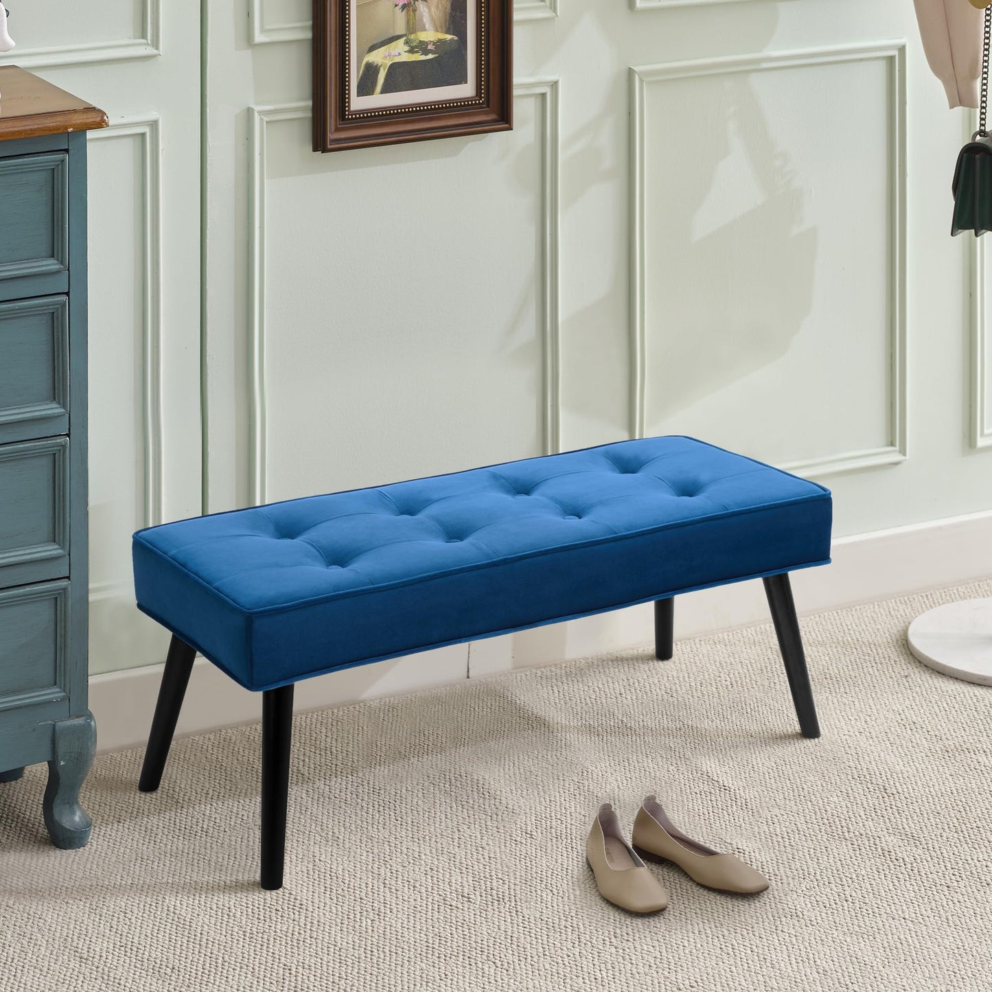 LOULENS 40'' Velvet Tufted Ottoman Bench, Modern Upholstered End of Bed Bench, Comfortable Entryway Bench with Wood Legs, Accent Footrest for Living Room, Dark Blue