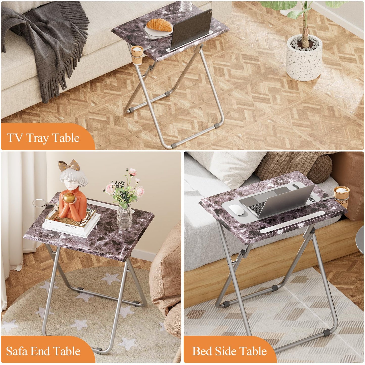 Fleecy day Folding TV Tray Table with Cup Holder, TV Dinner Table with Sturdy MDF Top, Eating Trays with Tablet Slot for Living Room, Bedroom, Sofa, 15 x 18.9 x 25.6 in (Black Marble, 2Pcs)