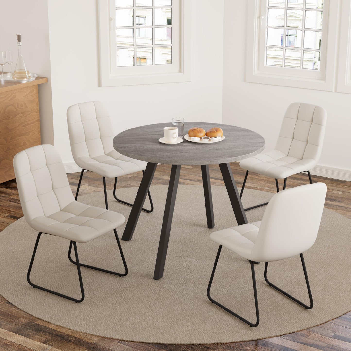 Zerifevni 34.6'' Dining Table and Chairs for 4, Mid Century Modern Round Table Set, Space Saving for Apartment Kitchen Dining Room (Grey Table+4 U-Shaped White Chairs)
