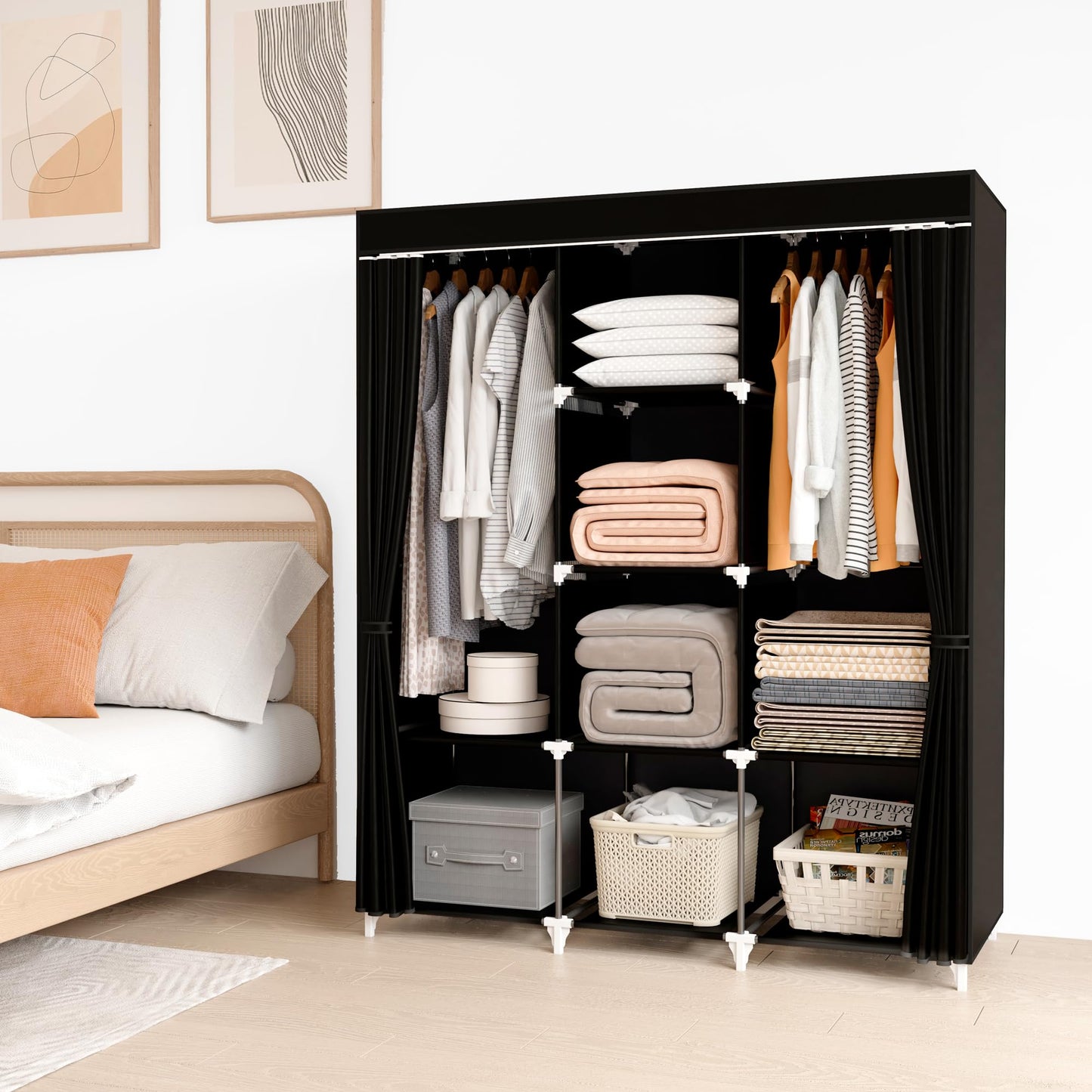 KEKIWE Portable Closet, 51 Inch Wardrobe Closet for Hanging Clothes with 2 Hanging Rods, 8 Storage Organizer Shelves for Bedroom, Durable and Easy to Assemble, Black