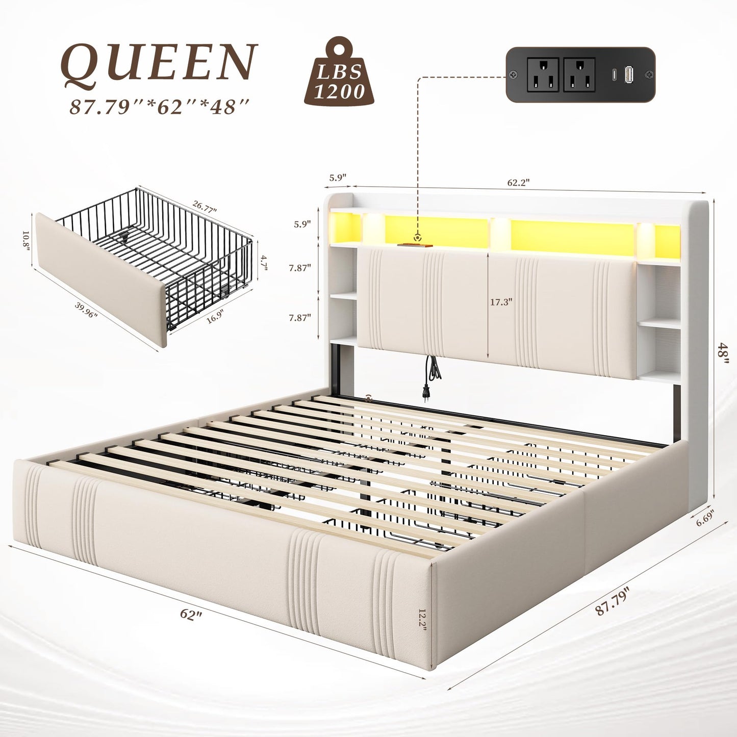 EnHomee Queen Bed Frame with 4 Storage Drawers and Headboard Shelf Upholstered Bed Frame Queen Size with LED & Charging Station, Noise Free No Box Spring Needed, Beige