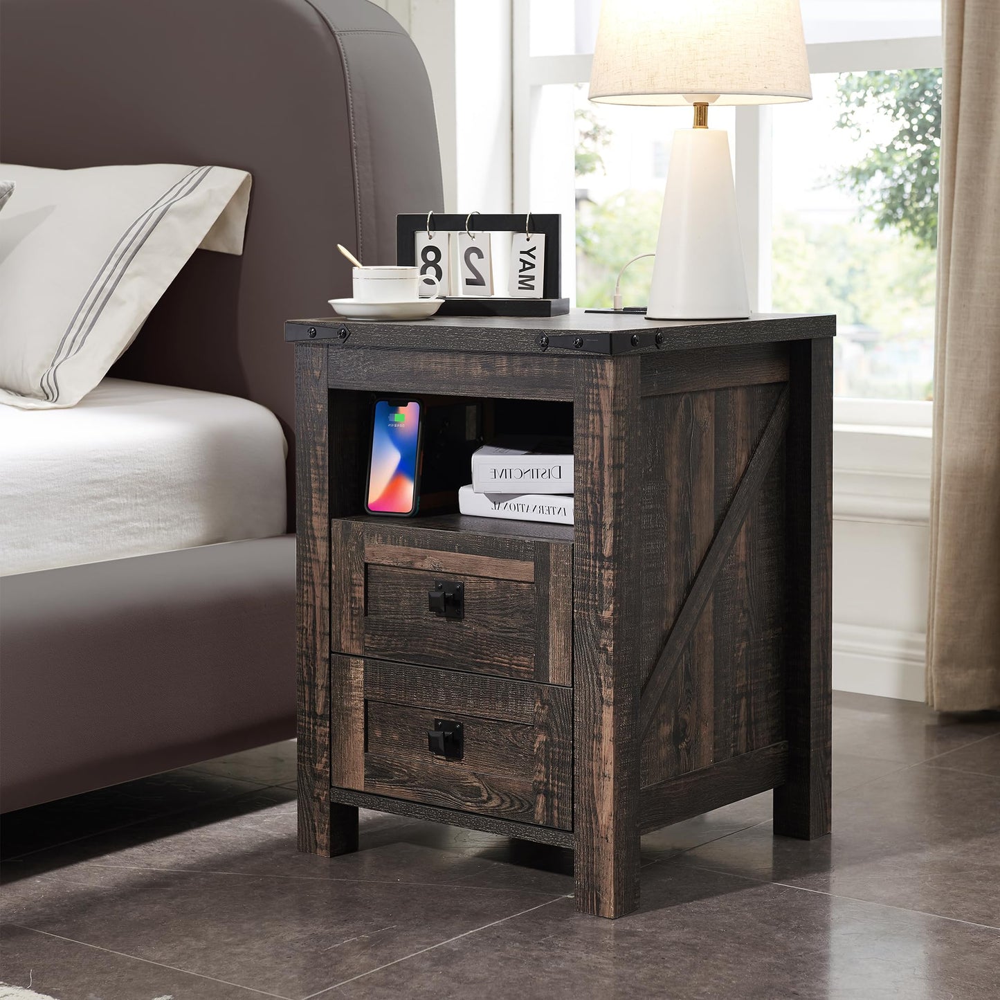 RedLemon Farmhouse Nightstand with Charging Station, Rustic 18 Inch End Table with 2 Storage Drawers and Open Shelf, Wood Sofa Side Table for Bedroom, Living Room (Dark Rustic Oak)