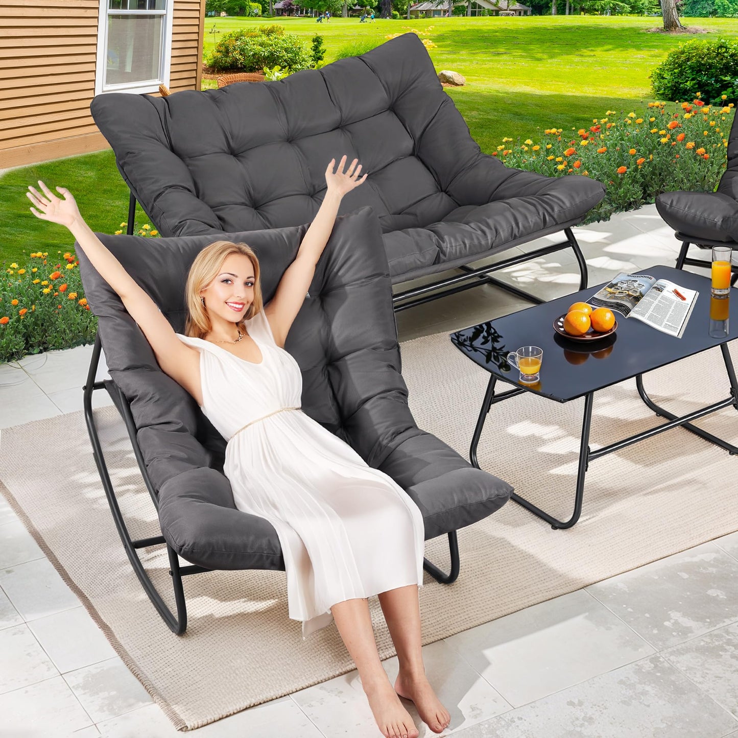 NOBLEMOOD 4 Pieces Patio Loveseat Set with Coffee Table, Outdoor Furniture Set with 2 Rocking Chairs, Outdoor Metal Conversation Set with Cushions, Oversized Rocker Chair, Coffee Table for Porch