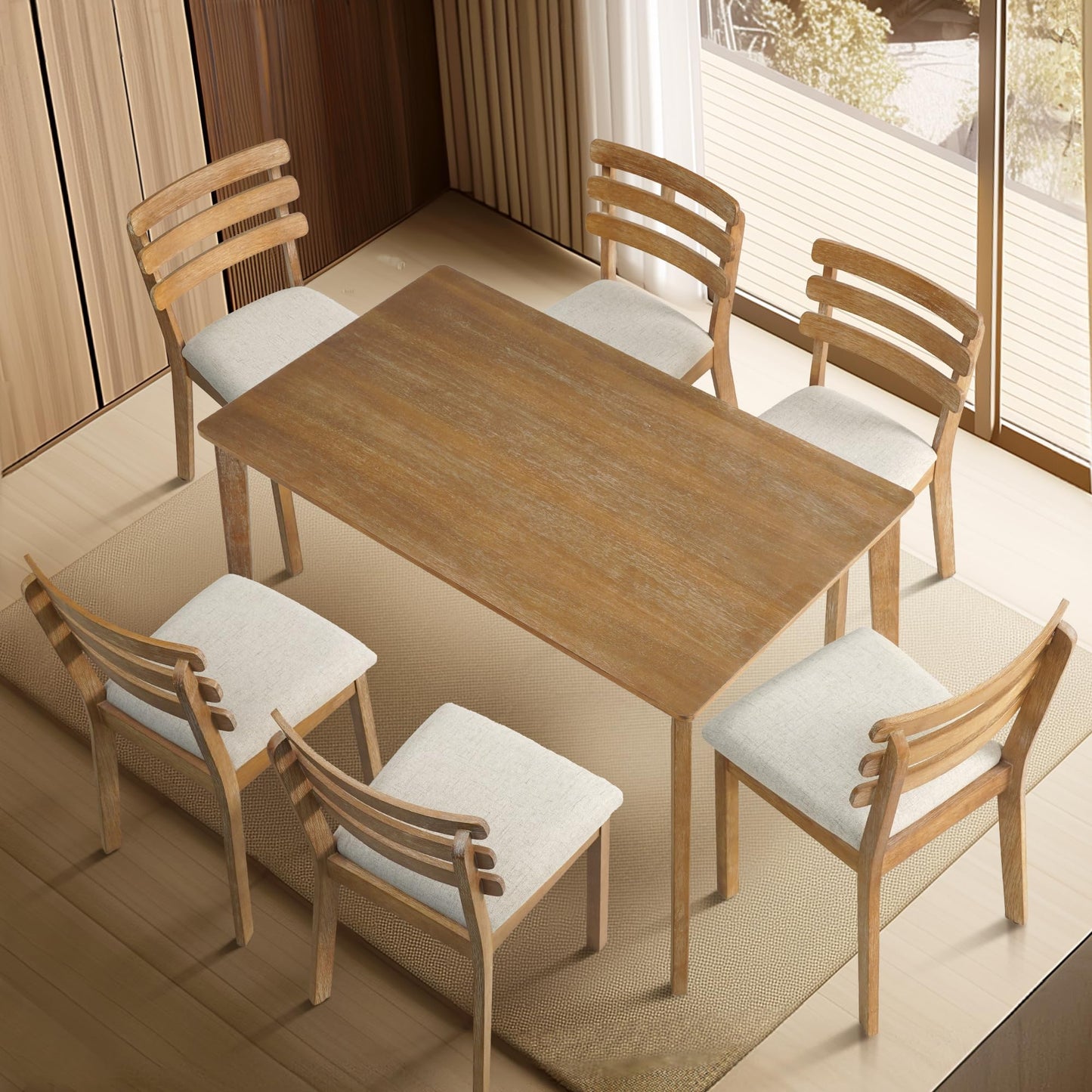 SIMTONAL 6-Piece Farmhouse Dining Set, Mid-Century Modern Wooden Table & Upholstered Chair Set for Home, Kitchen, Dining Room, 4 Chairs, Bench Seat, Solid Wood Legs
