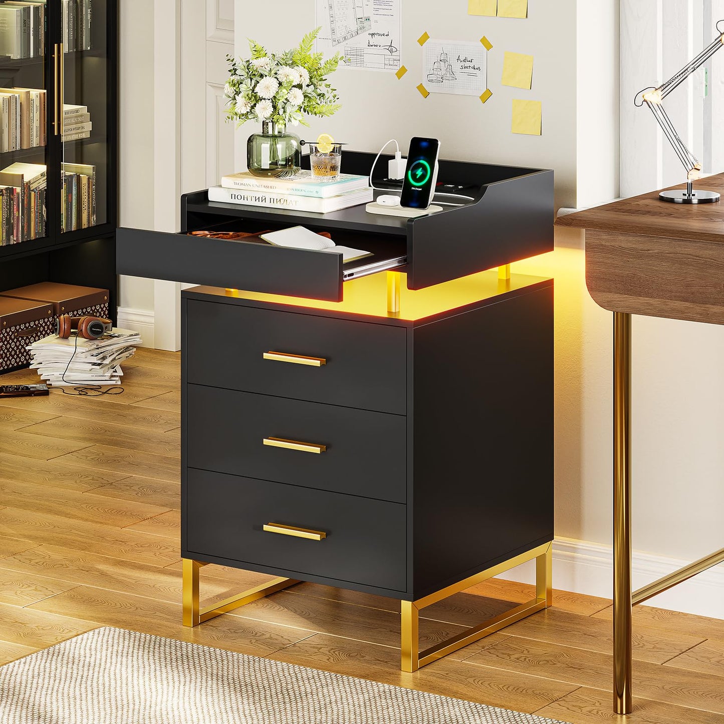 BTHFST LED Nightstand with Charging Station, Night Stand with 3 Drawers and 1 Pull-Out Tray, End Side Table with Storage, Bedside Table with LED Lights & Metal Legs, Black and Gold