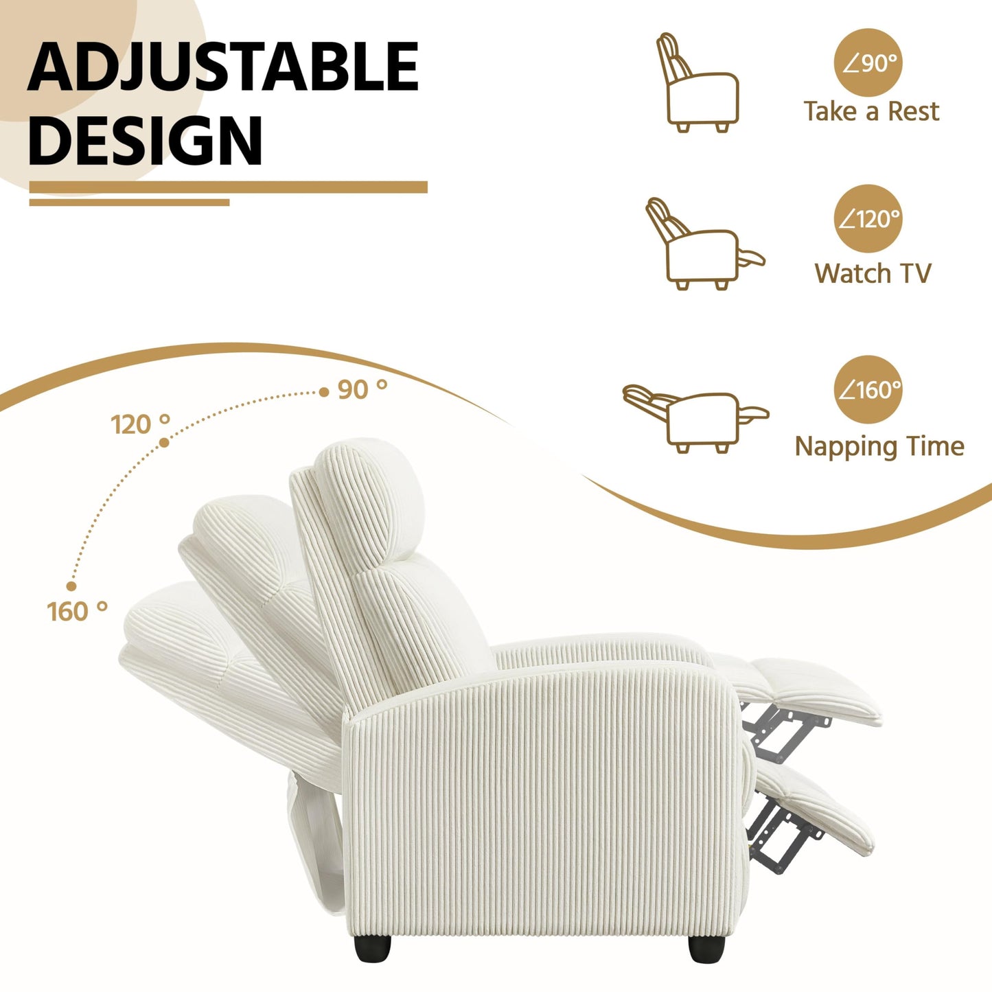 Yaheetech Corduroy Recliner Chair Single Sofa Home Theater Seating Adjustable Modern Reclining Chair for Living Room Bedroom Home Theater Beige
