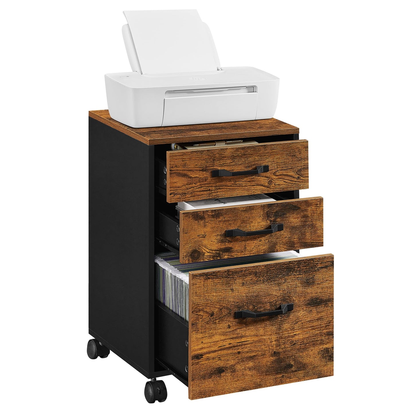 VASAGLE File Cabinet, 3 Drawers Filing Cabinet for Home Office, with Wheels, for A4, Letter Sized Documents, Hanging File Folders, Rustic Brown and Ink Black UOFC065B01
