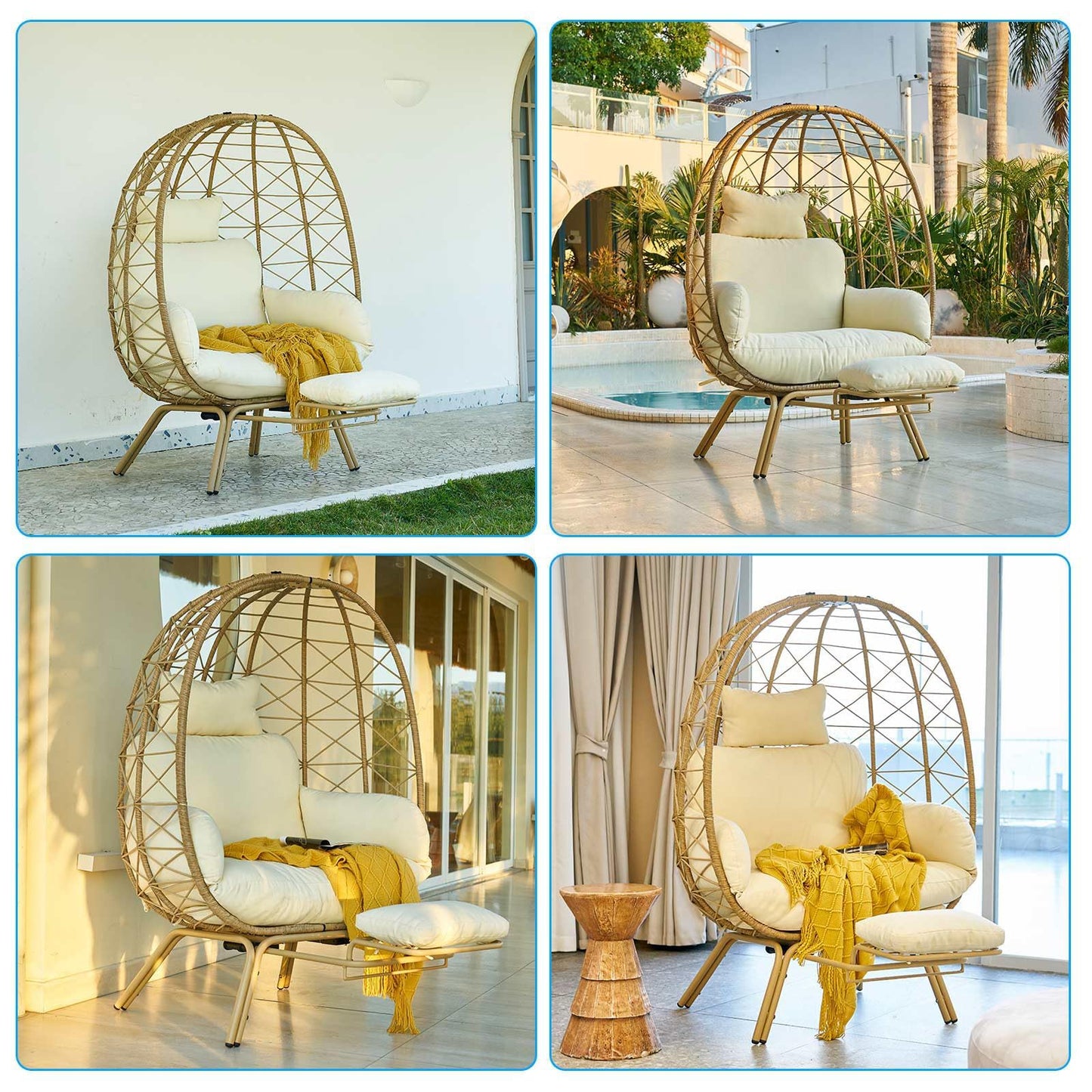 Outlux Wicker Egg Chair with Cushion & Footrest - Oversized 450lb Capacity Boho Hanging Chair for Indoor/Outdoor - Beige Rattan Lounge Seat for Patio, Balcony, Garden, Home
