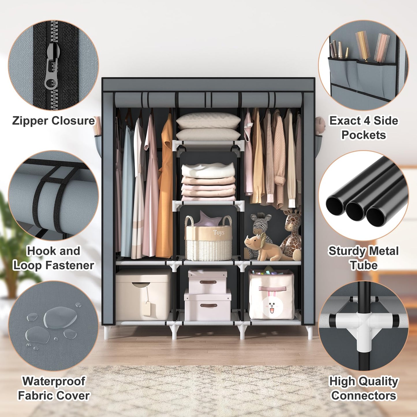 VTRIN Portable Closet Wardrobe for Hanging Clothes with 2 Hanging Rods and 8 Storage Organizer Shelves,Sturdy Large Wardrobe Closet for Bedroom Free Standing Clothes Rack with Cover,Grey