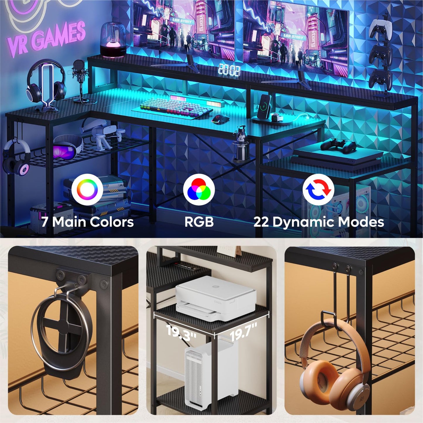 Bestier LED Gaming Desk with Power Outlets, 71 inch L Shaped Computer Desk with Monitor Stand, Large Desk with Printer Stand Adjustable Shelf, Cup Holder & Hooks, Home Office Desk Black