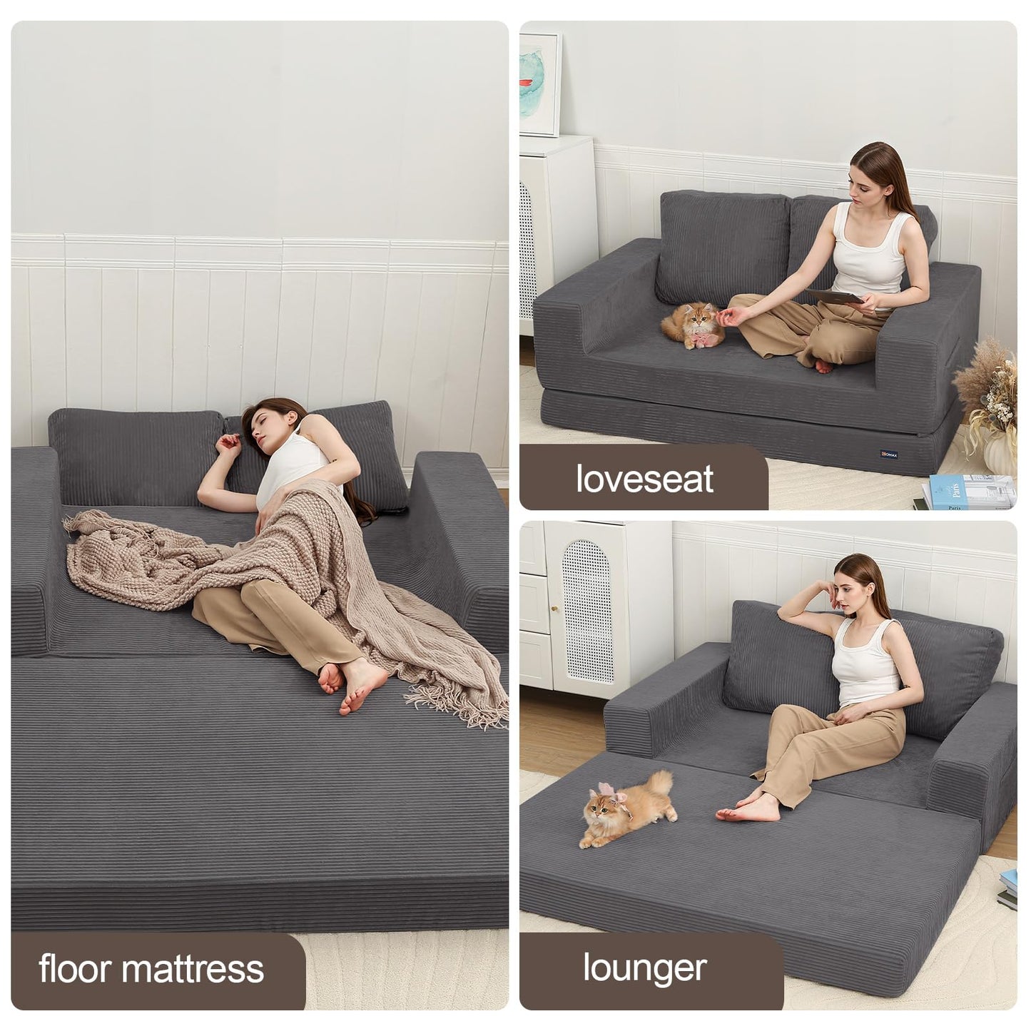 COMAX Convertible Sofa Bed Queen, Folding Fold Out Couch Bed, Floor Couch Corduroy Sleeper Mattress with Back Pillows, Boneless Sofa Comfy Lounge Loveseat for Living Room Bedroom, Dark Grey