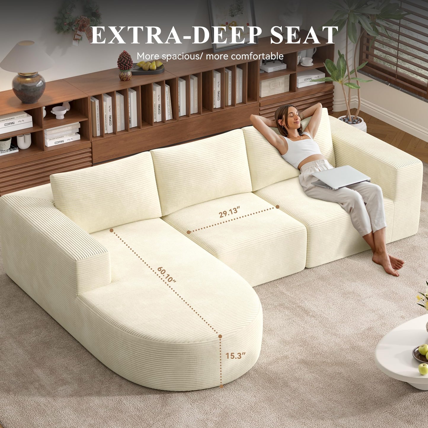 Modular Sectional Sofa with L-Shape Chaise,Cloud Sectional Modern Sleeper Couch with Deep Seat,Sponge Compression Sofas No Assembly Required (Beige-Corduroy Fabric)