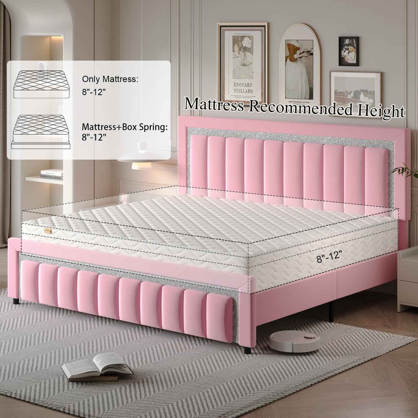 HOMBCK King Size Bed Frame, Velvet Upholstered Bed with Diamond Headboard, Modern Bed King Szie with Wooden Slats Support, No Box Spring Needed, Easy Assembly, Pink