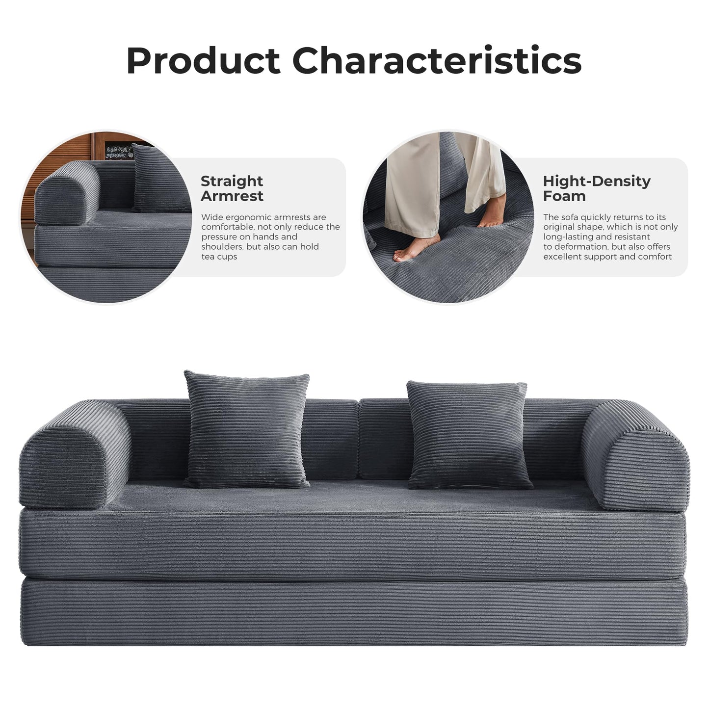 Bsxupke 79'' Convertible Sleeper Couch Bed, Floor Sofa Bed with Fixed-Shape Frame, Corduroy Floor Sofa with 2 Pillows, Loveseat Floor Sofa Lounge for Living Room Bedroom, Dark Grey