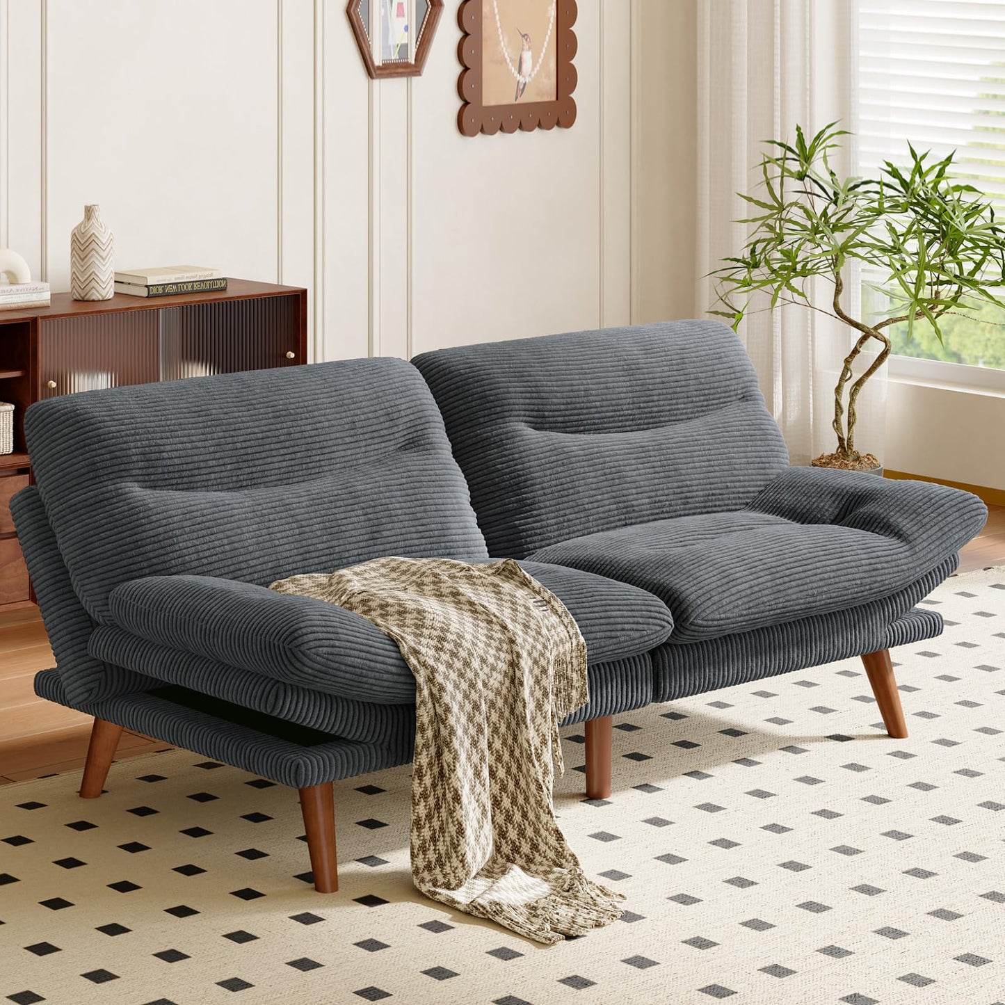 AMADA HOMEFURNISHING Convertible Futon Sofa Bed,66″ Grey Futon with Adjustable Backrest & Armrests,Folding Sleeper Recliner for Small Spaces, Play Room Or Office, Corduroy Small Couch