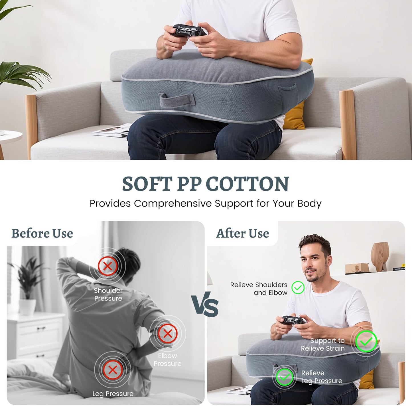 Daneey Reading Pillow for Gaming, Gaming Pillow for Bed with Arm Rest, Lap Desk Pillow, Side Sleeper Pillows for Adults Laptop Pillow for Lap Back Pillow for Bed Sitting up, Ideal for Bed Couch Sofa