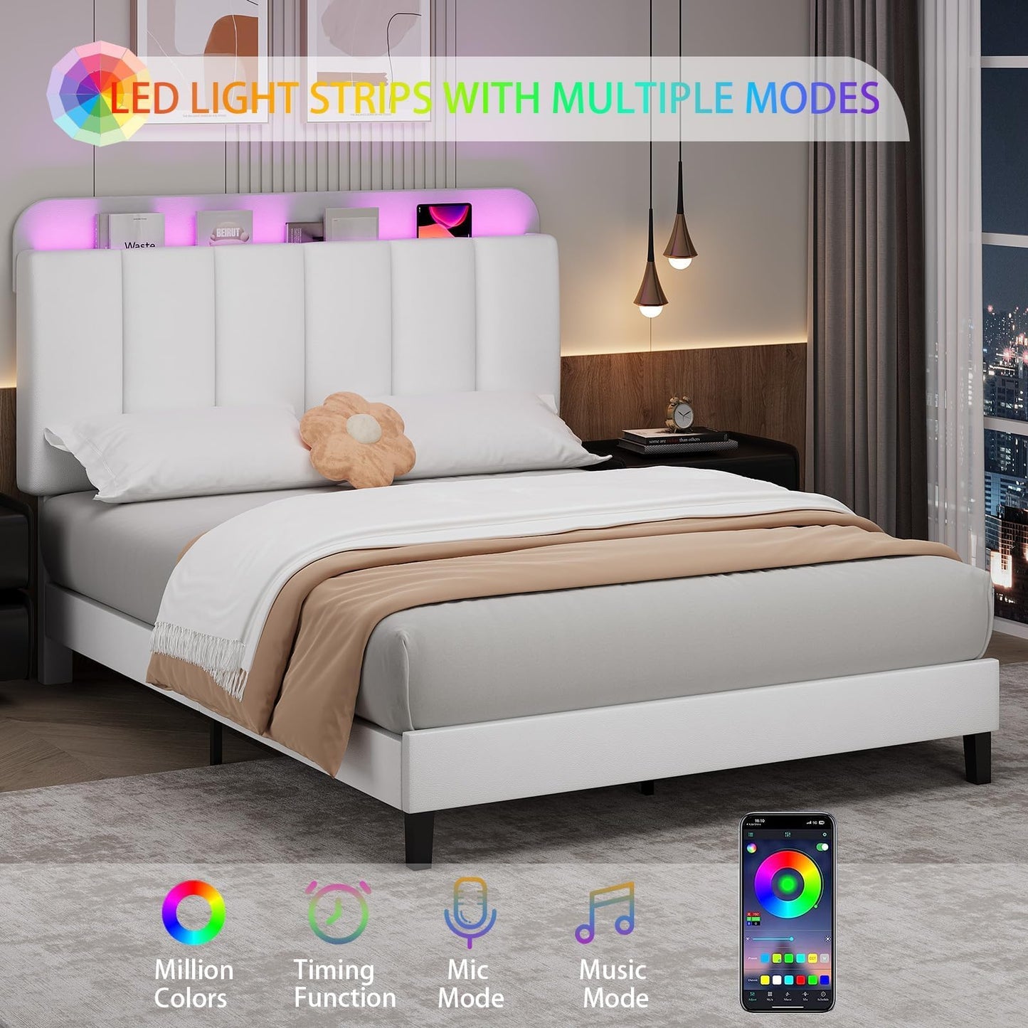 Queen Bed Frame with Storage, PU Upholstered Platform Bed with LED Lights Headboard, Noise-Free, Easy Assembly, No Box Spring Needed, White