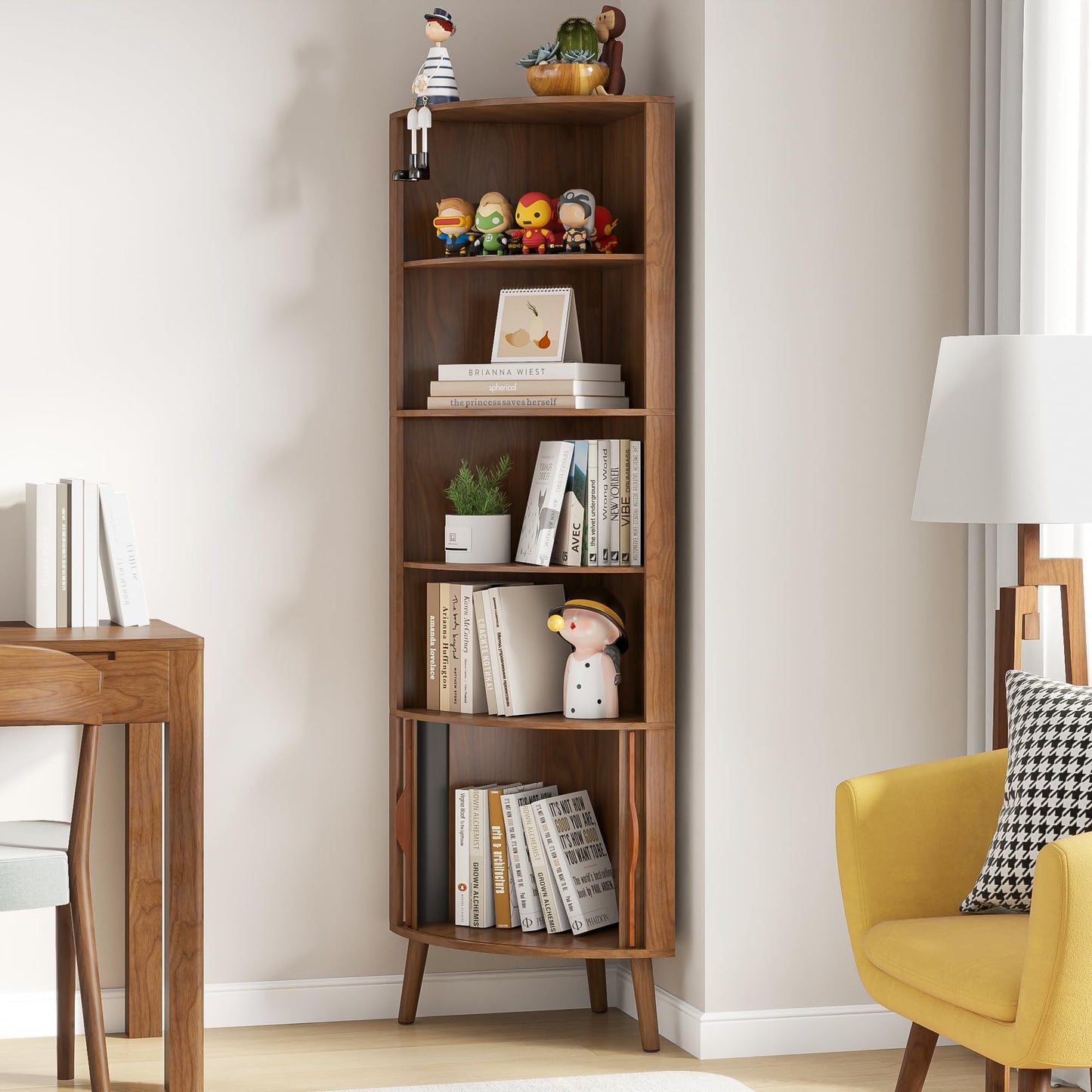 Limaoaio Corner Cabinet, 66.73'' Tall Modern Corner Bathroom Storage Cabinet with 2 Fluted Doors and Shelves, Home Space Saver for Kitchen, Living Room, Study Room(Walnut, 66.73''H)