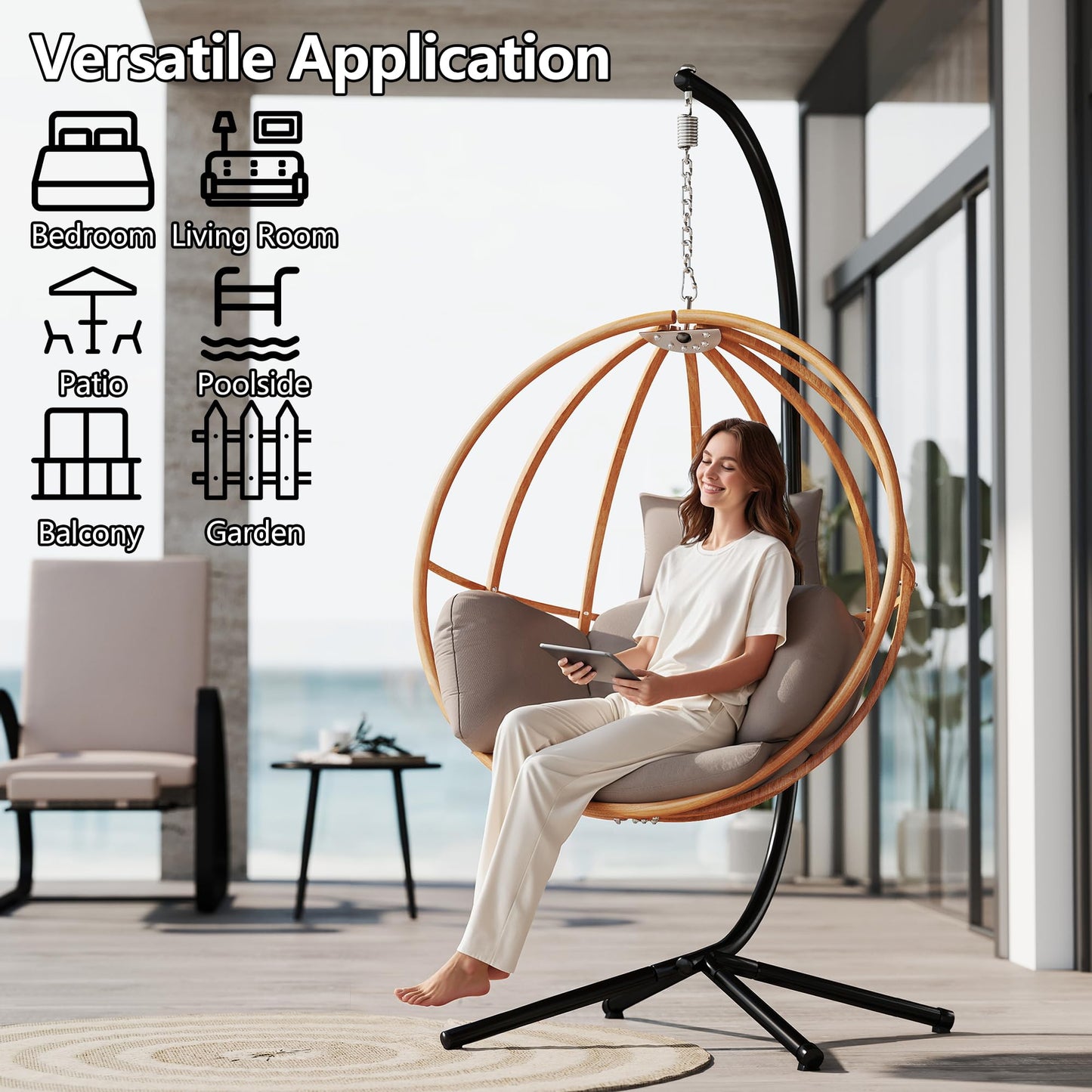 DAYARUS Hanging Chair with Stand, Imitation Rattan Egg Cahir Outdoor, Hanging Egg Chair with Stasnd, 80" High Egg Swing Chairs Indoor, All Weather Balcony Basket Swing Chairs for Balcony, Khaki