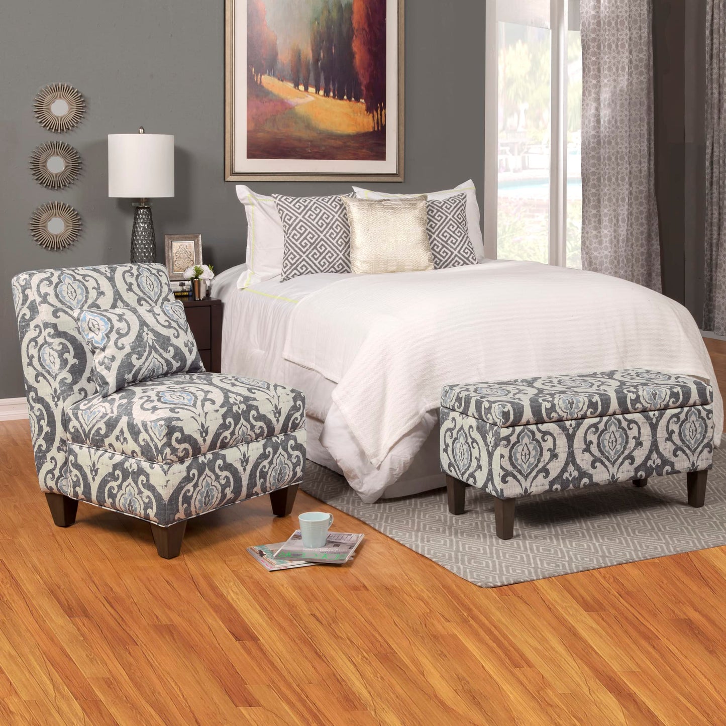 HomePop Large Upholstered Rectangular Storage Ottoman Bench with Hinged Lid, Slate Damask