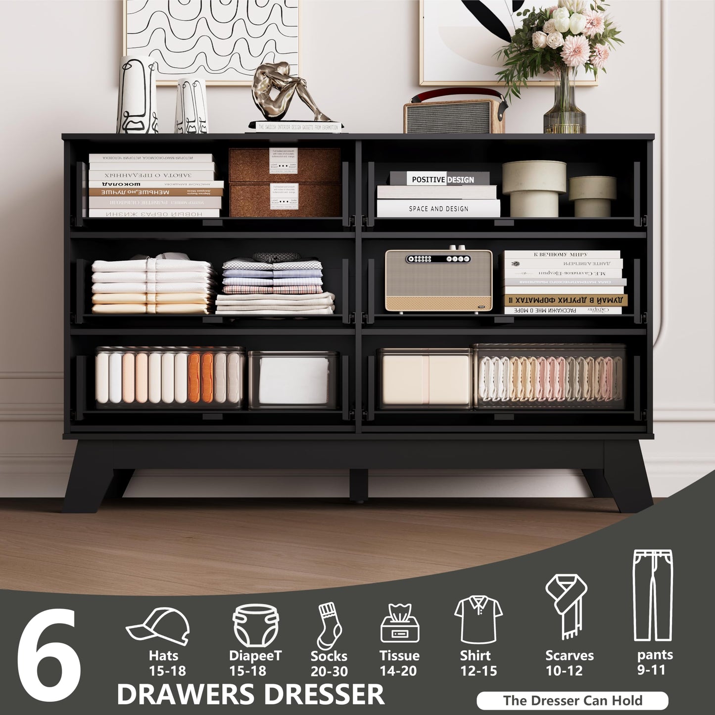 HUANLEGO 6 Drawer Dresser for Bedroom, Black Fluted Dressers Chest of Drawers with Gold Handle, Wood Mid Century Modern Dressers for Closet, Bedroom Dresser Storage Organizer for Living Room, Hallway