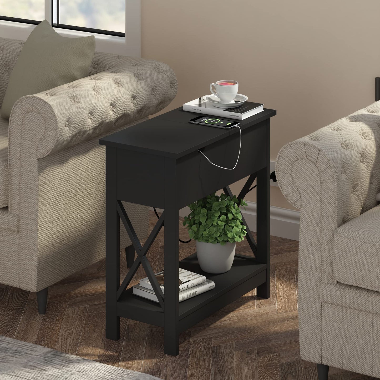 ChooChoo End Table with Charging Station, Narrow Flip Top Side Table with USB Ports & Power Outlets for Small Spaces, Nightstand Sofa Table for Living Room, Bedroom, Black, 2 Pack