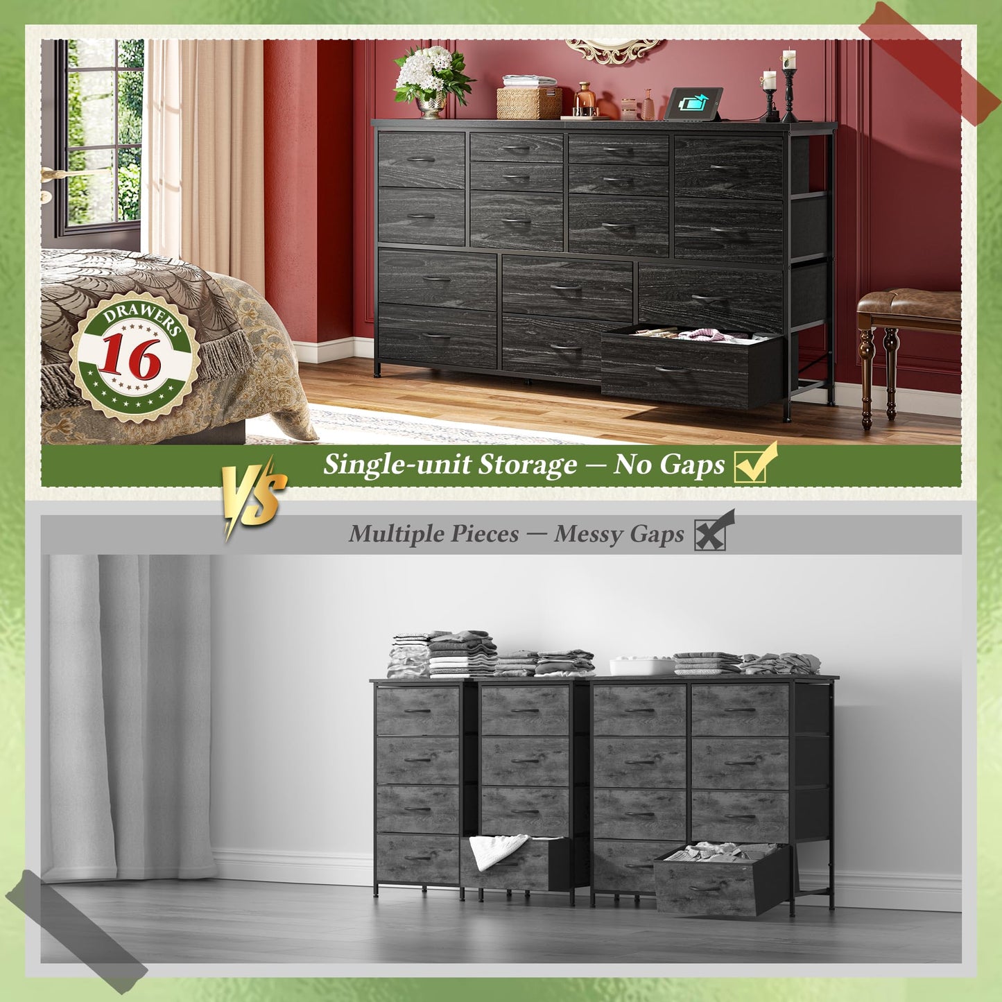 Romorgniz Dresser for Bedroom with 16 Fabric Drawers Long Dresser with Charging Station TV Stand for 60" TV Dressers & Chest of Drawers for Bedroom, Living Room, Closet, Black