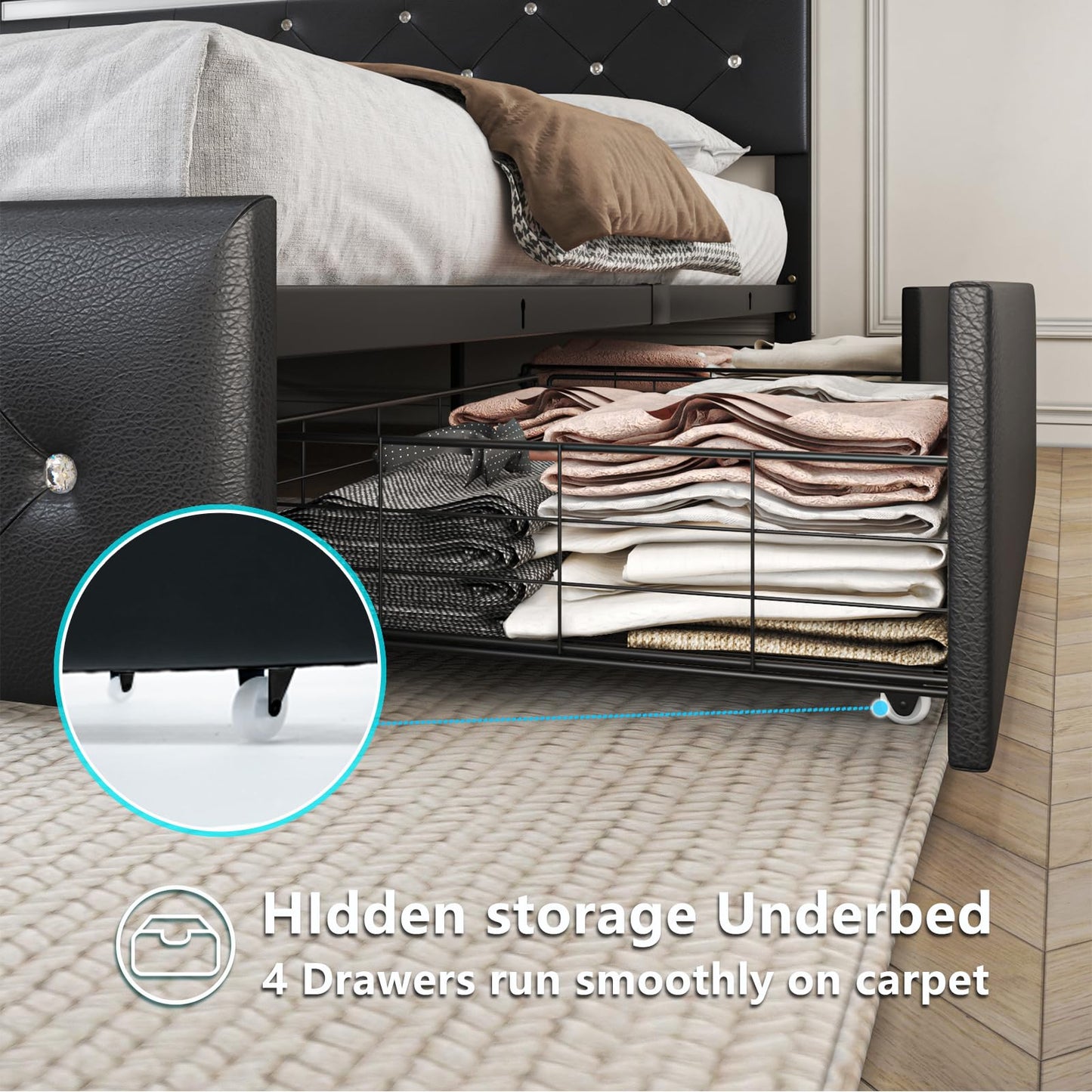Forrise Bed Frame Full Size with Storage Drawers and LED Light, 2 Sockets and 2 USB Ports, Adjustable Headboard with PU Leather Upholstered, No Box Spring Needed, Wooden Slats Support, Black.
