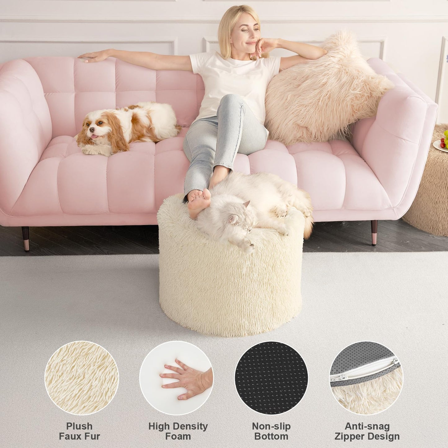Hansleep Round Pouf Ottoman Foot Rest, 17 x 14 Small Faux Fur Stuffed Pouf for Chair, Foam Filled Foot Stools Ottomans for Living Room, Beige
