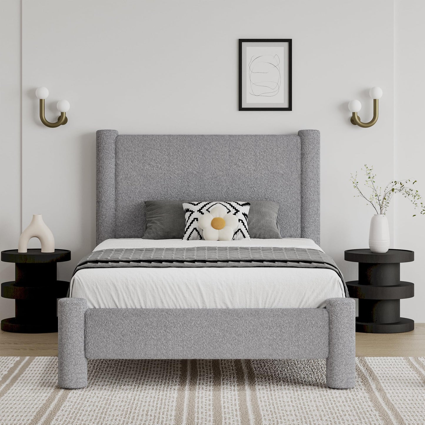 REVOMINCA Twin Size Bed Frame, Boucle Upholstered Platform Bed with Headboard and Footboard, Soft Rounded Corners, No Box Spring Required, Easy Assembly, Light Grey