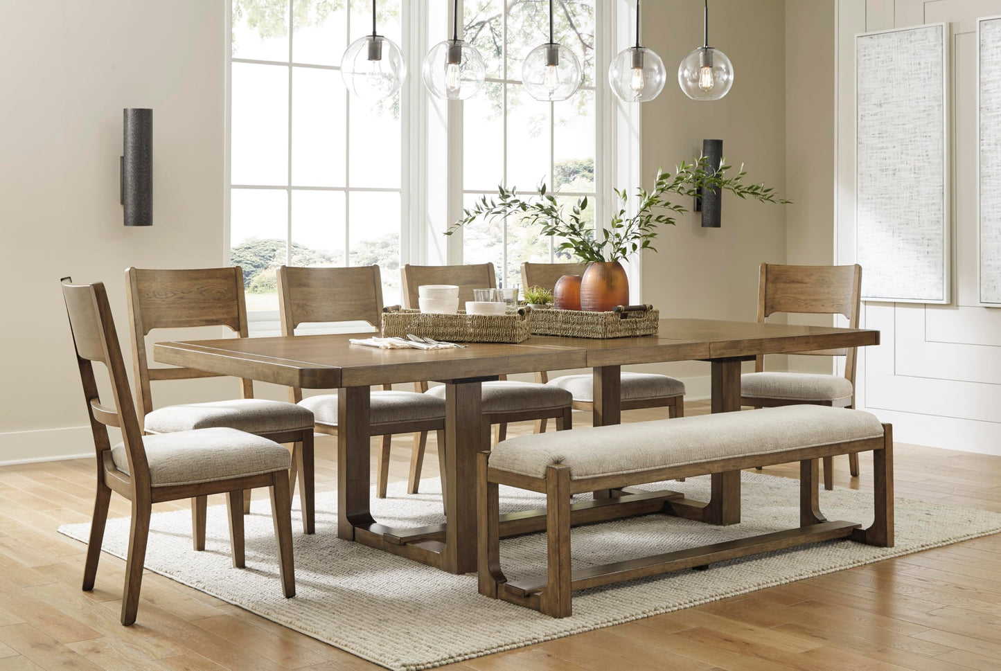 Signature Design by Ashley Cabalynn Farmhouse Upholstered 63" Dining Bench, Beige & Light Brown