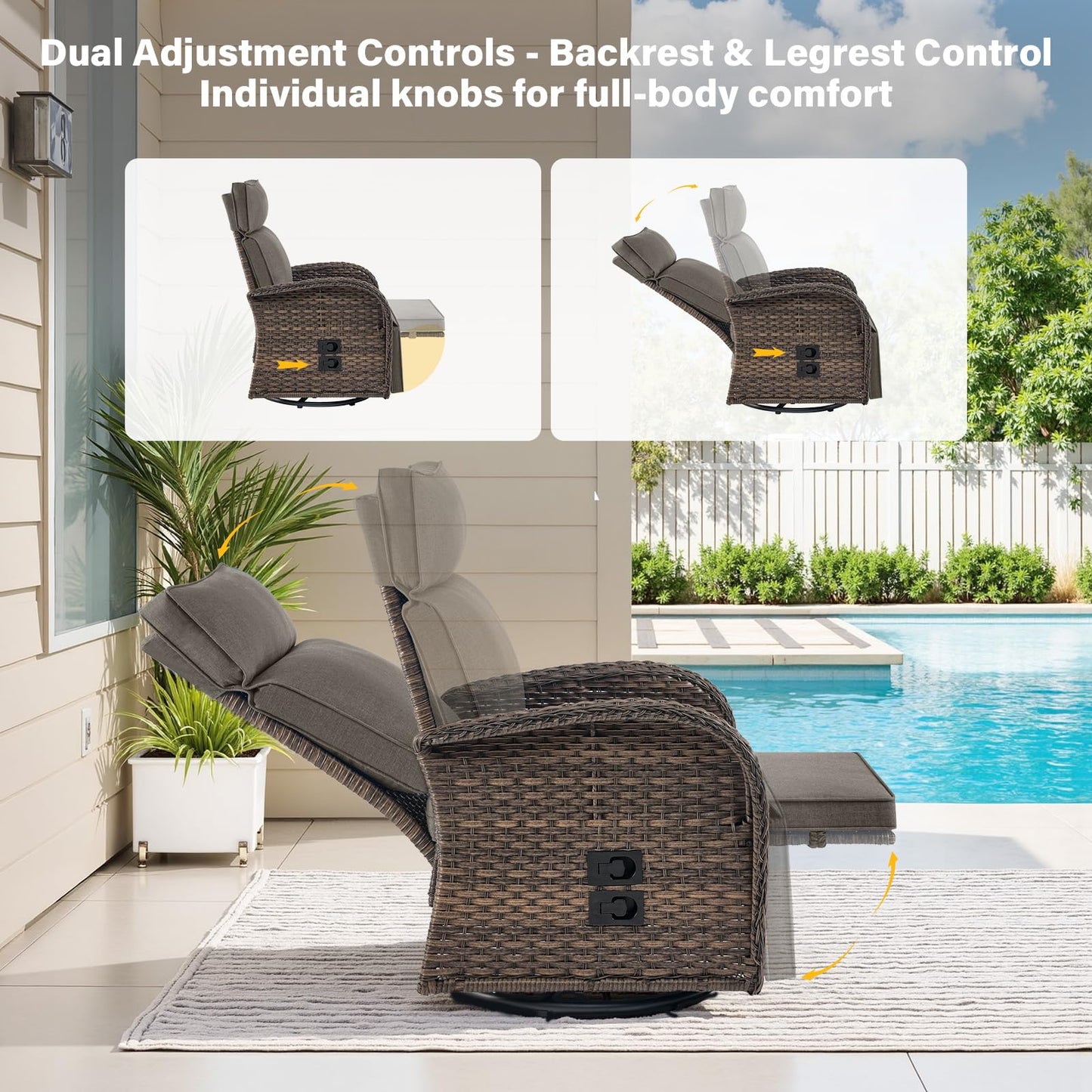 Belord Dual-Adjust Outdoor Swivel Recliner Chair – Reclining Patio Chair with Adjustable Backrest and Footrest, All-Weather Wicker Chaise Lounge Chair Outdoor for Pool Deck (Upgraded 2.0)