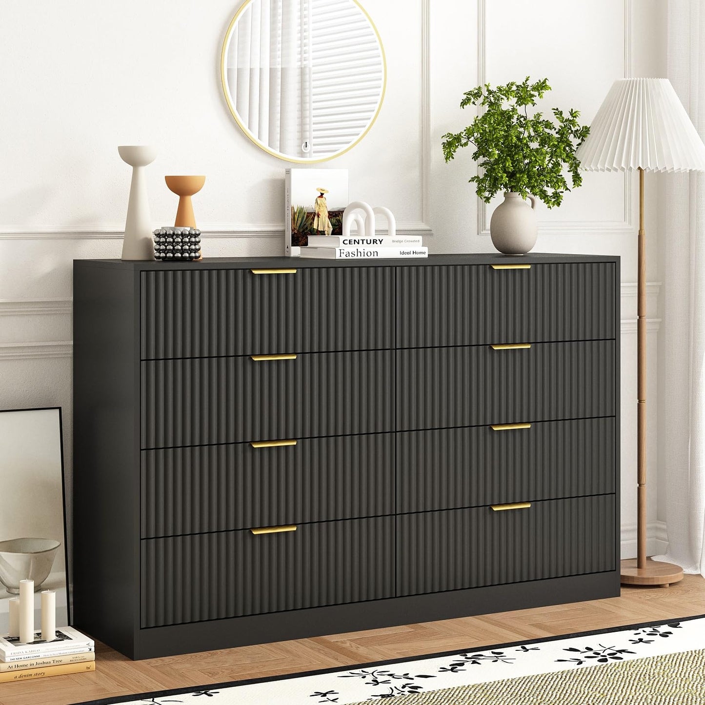 Sscaktu 8 Drawer Dresser for Bedroom, Modern Fluted Double Dresser, 55" Wide Chest of Dressers, Wooden Beside Table for Closet, Living Room and Entryway, Black