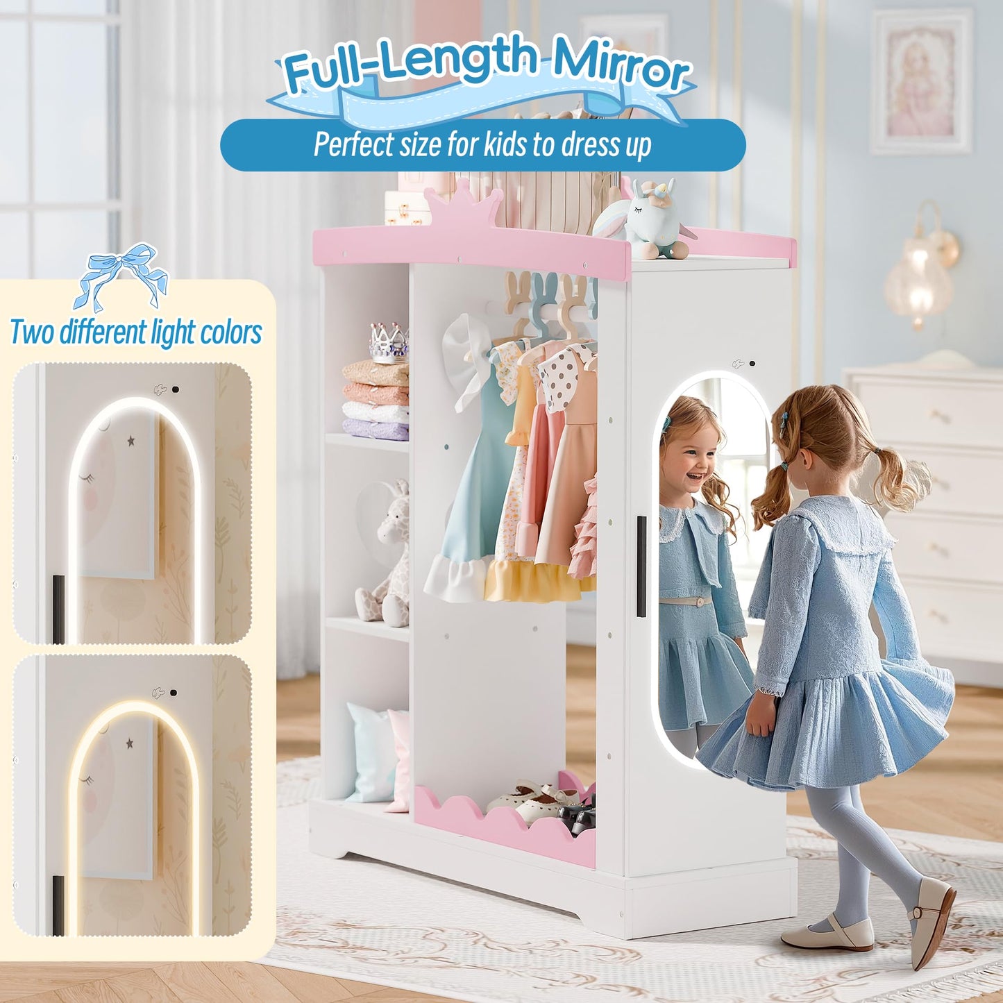 Betterhood Kids Closet with Jewelry Cabinet, Dress up Storage with Shelves&Mirror, Costumes Wardrobe Closet with Hanging Rack for Toddlers,Organizer for Bedroom, (Kids' Armoires, White)