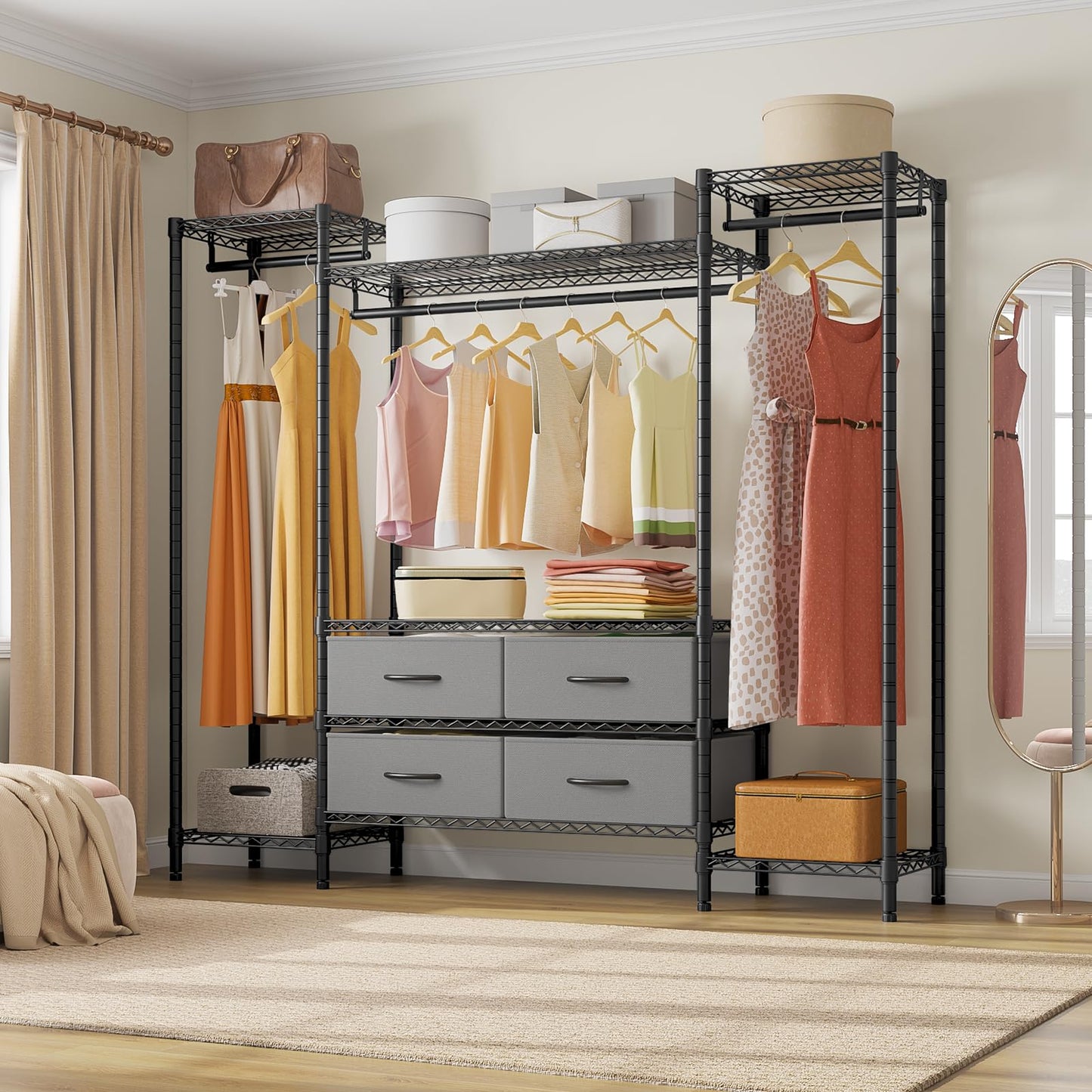 VIPEK V20 Wire Garment Rack Heavy Duty Clothes Rack, Metal Clothing Rack with 6 Shelves, 3 Hang Rods & 4 Fabric Drawers, Compact Wardrobe Closet, 56.7" L x 14.6" W x 70.9" H, Black