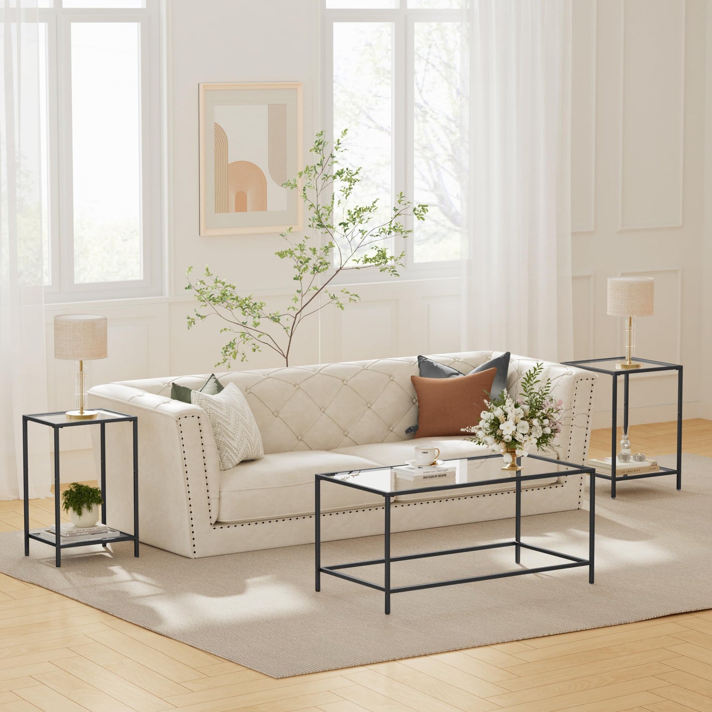 Homleke Glass Coffee Table, Modern Rectangular Coffee Table for Living Room, Minimalist Center Tea Table with Sturdy Metal Frame for Apartment, Office, Easy Assembly, 39.4 x 19.7 x 17.7 Inches, Black