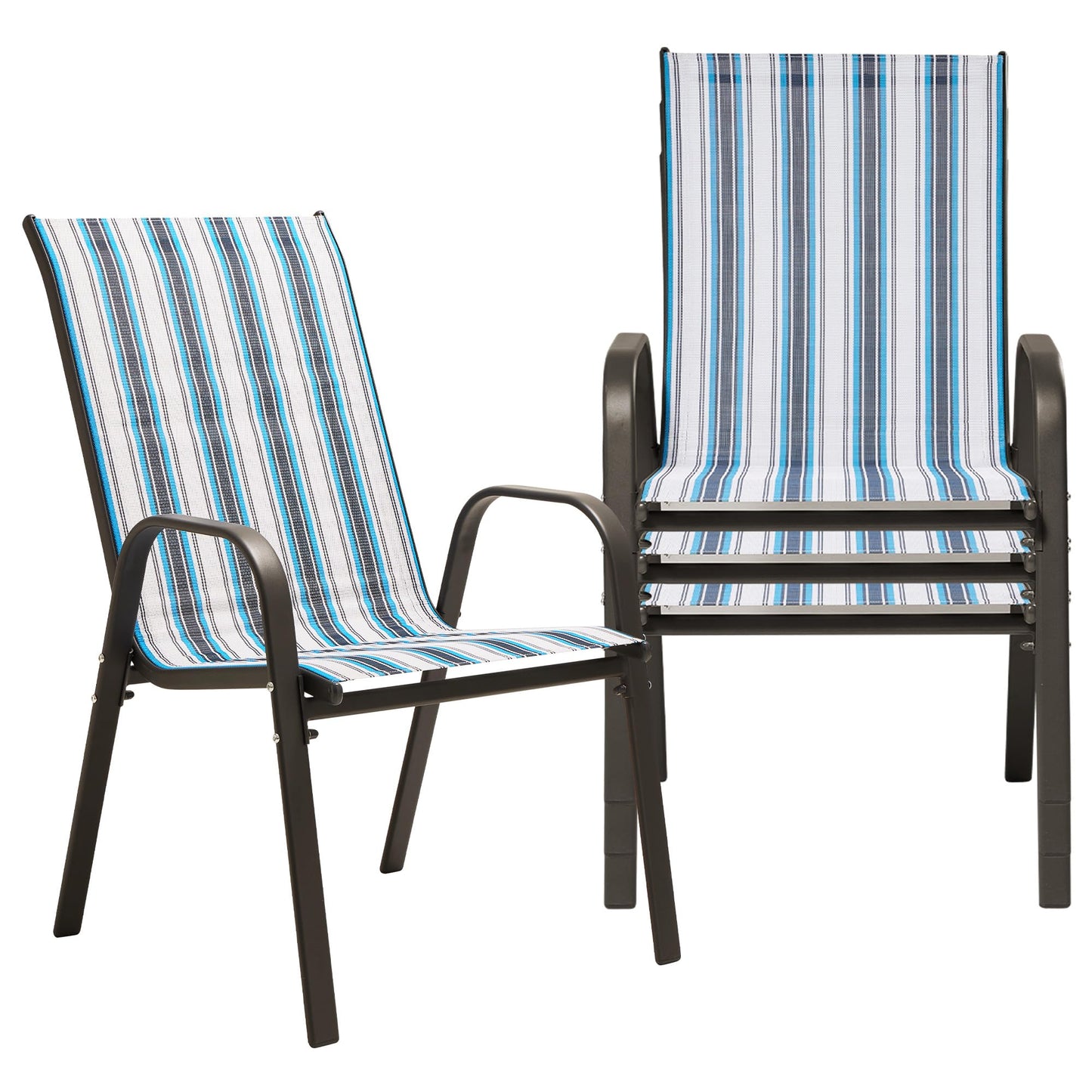 JEAREY Patio Dining Chairs Set of 4, Outdoor Stackable Dining Furniture Set, All Weather Dining Set for Lawn, Garden, Backyard, Poolside, Blue Striped