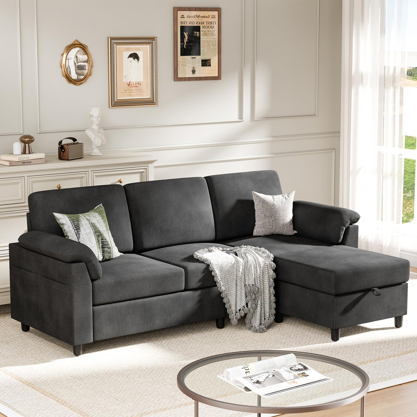 Meilocar Sectional Sofa Couch for Living Room, 79" Sectional Couches with Storage Ottoman, L Shaped Couch with Armrests Side Storage Pockage, 3-Seat Sofa Couches for Apartment, Black