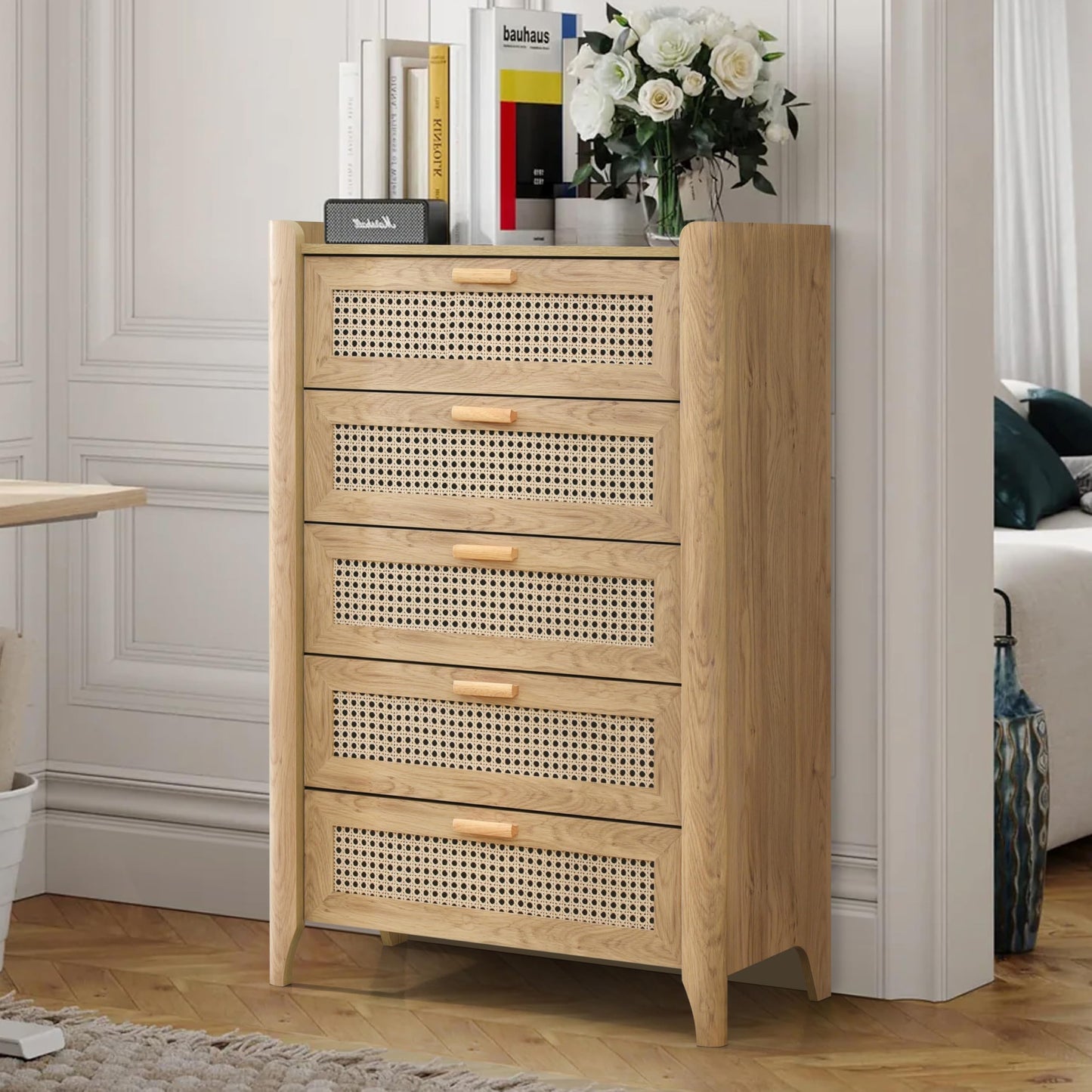 ELISA HOME Fake Rattan 5 Drawers Dresser for Bedroom, 47.2" Tall Modern Chest of Drawers, Wood Drawer Organizer for Clothes, Entryway, Hallway, Nursery or Living Room, Oak