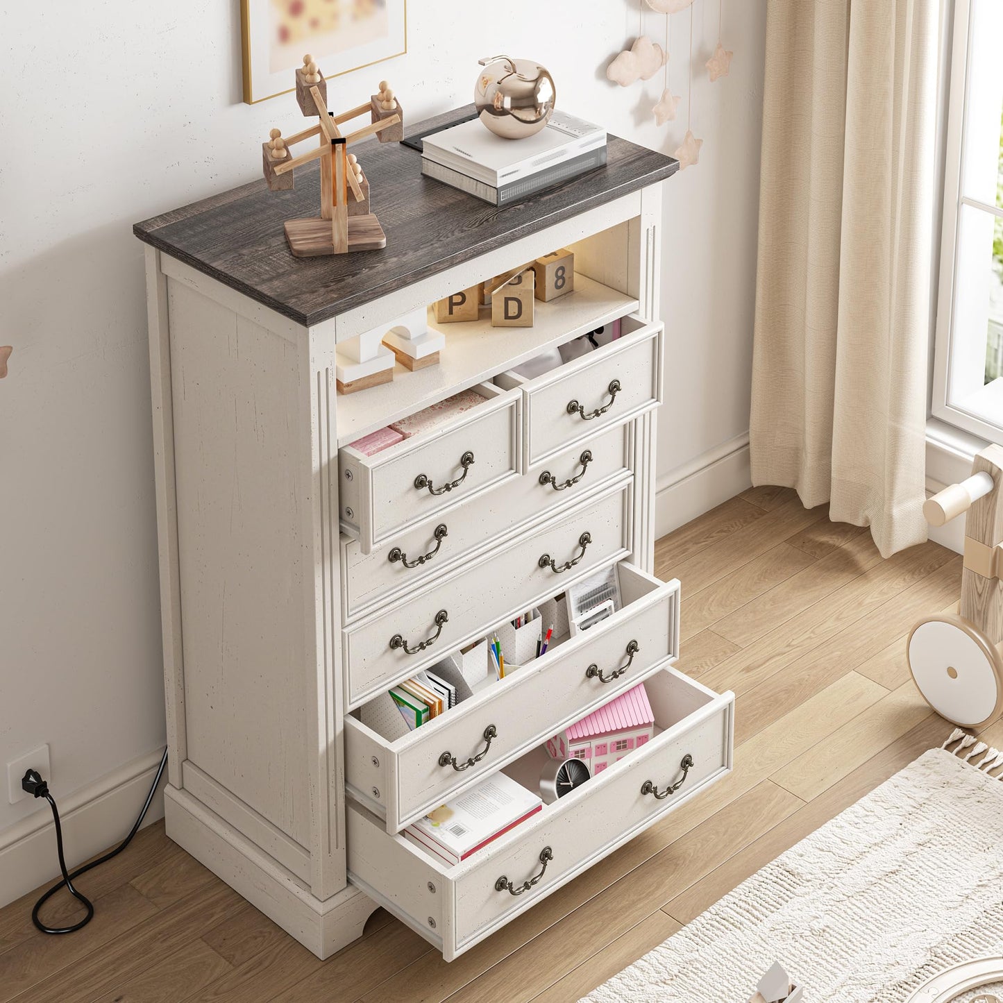 EnHomee Farmhouse 6 Drawer Dresser for Bedroom LED Light & Power Outlets, 48" H Wood Dressers & Chests of Drawers with Natural Texture, Hallway, Antique White